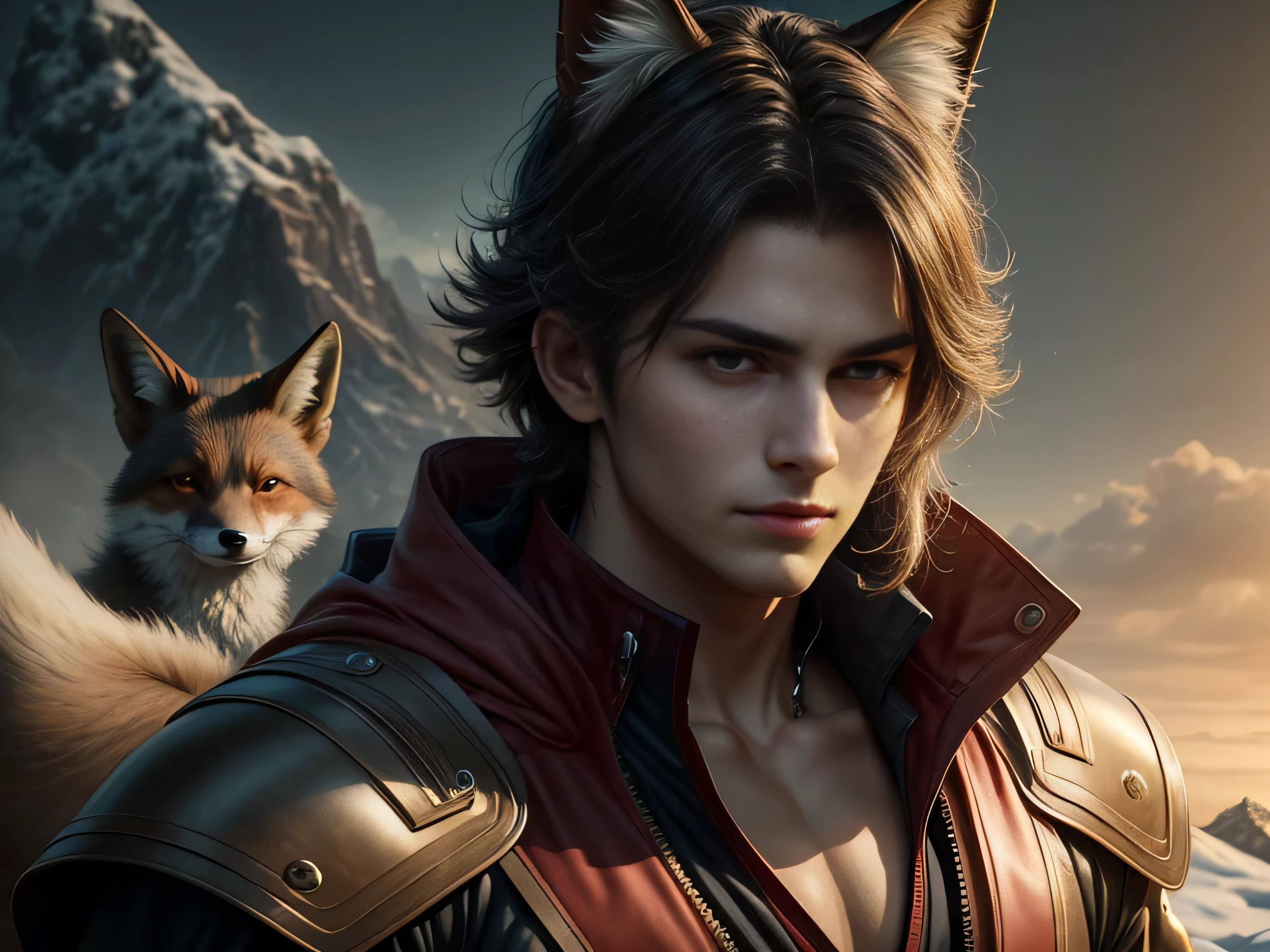 (Best Quality, 8K, Masterpiece, HDR, Soft Lighting, Picture Perfect, Realistic, Vivid), Black-haired guy with fox ears and baby fox animal lie on the snow, on the mountainside, Anime Illustrations, Beautiful Illustrations, Exquisite Digital Illustrations, Realistic digital anime, realistic digital anime art, (ultra high quality fantasy art), masterpiece, male model, ultra high quality male character designs, anime art with 8k development, realistic anime art, highest quality wallpaper illustrations, complex ultra high quality accurate male characters faces, high quality design and accurate physics (super-quality fantasy style)), art, dark fantasy)) Style), masterpieces, super-quality characters, anime resolution - 8K, realistic anime art, wallpapers with the highest quality illustrations, ultra-high detail of faces, high-quality design and physics accuracy), color, depth of field, shadows, ray tracing, production of high-quality computer wallpapers and 8K resolution, (Accurate simulation of the interaction of light and materials)], [High-quality detailed hair [More about beautiful and shiny red hair]], (Beautifully detailed hands [perfect fingers [Perfect nails]], (perfect anatomy (perfect proportions)))) [[Full length]], [Perfect color combination (Accurate imitation of the interaction of light and material)], [art that conveys the meaning of the story ]