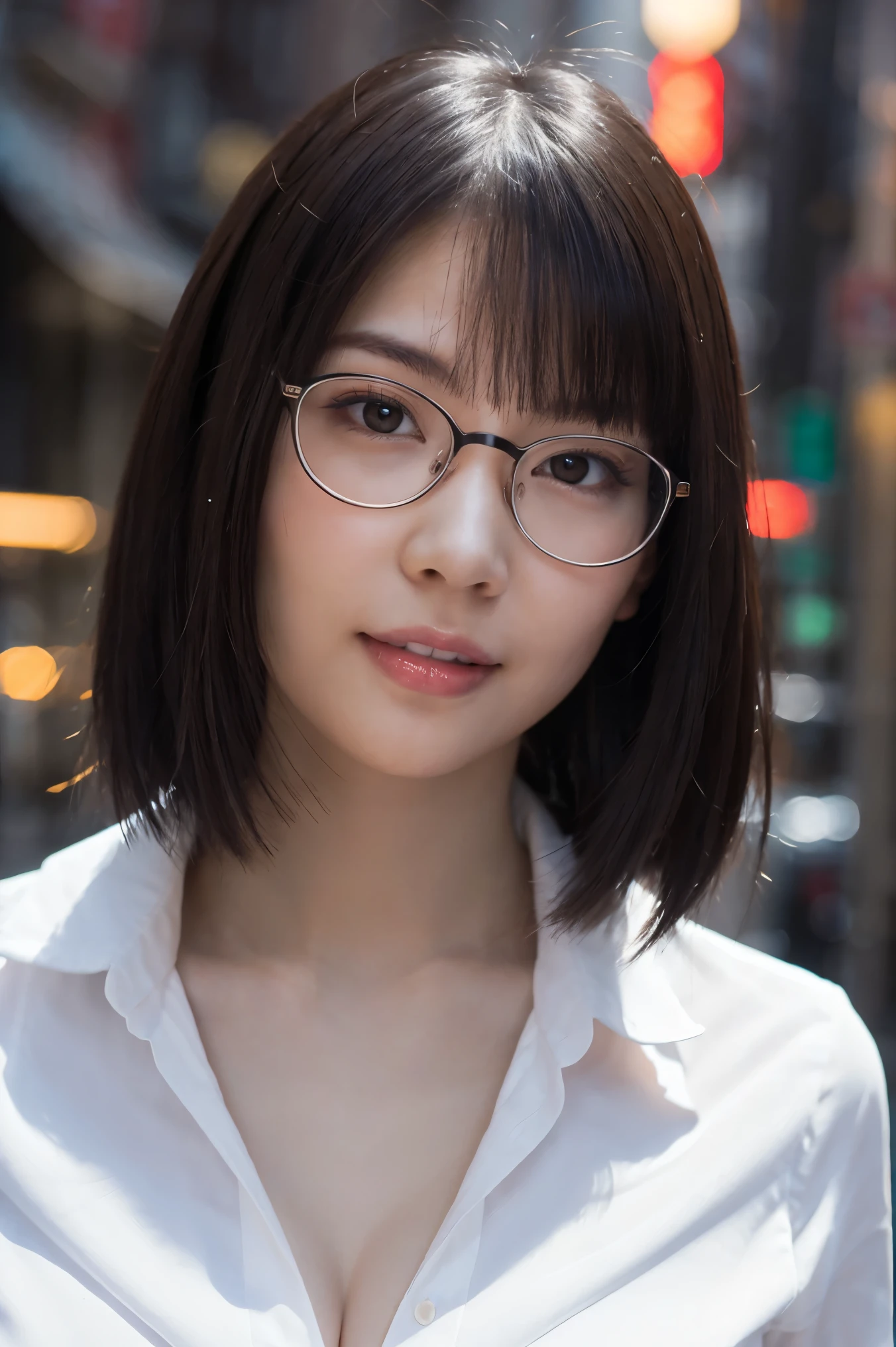 (highest quality、Tabletop、8k、Best image quality、Award-winning works)、One beautiful woman、Age 25、Perfect beautiful composition、(Classy glasses:1.1)、(Cleavage:1.1)、Big breasts that look like they might burst、Accentuate your body lines、(Perfect and precise white polyester shirt:1.3)、look at me、(Sexy look:1.1)、Perfect Makeup、attractive、Sexy、Lustrous and bright lips、Accurate anatomy、(Face close-up:1.3)、look at me、(The moodiest nighttime entertainment district lighting:1.1)、(Moody and romantic atmosphere blurred night red light district street background:1.2)、Perfect Makeup、Ultra-high definition beauty face、Ultra HD Hair、Ultra-high definition moisturizing eye area、(Ultra High Resolution Perfect Teeth:1.1)、(Ultra-high resolution glossy skin:1.1)、Super high quality glossy lip、short hair