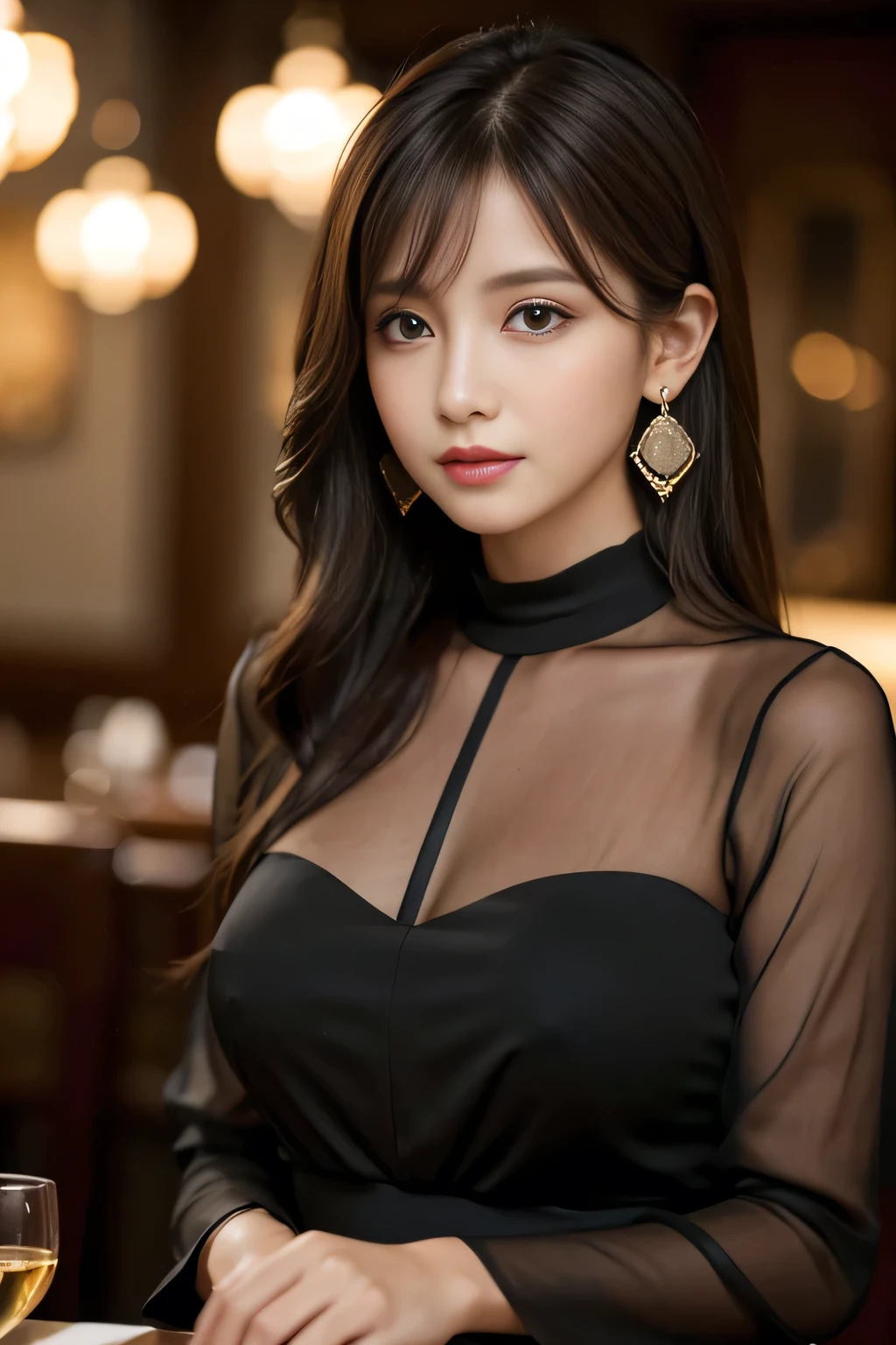 masterpiece, highest quality, Realistic, Very detailed, Finer details, High resolution, 8k wallpaper, One beautiful woman, Wear an elegant black see-through blouse, In a great restaurant, At night, Light brown shaggy haircut, Perfect dynamic composition, Beautiful and beautiful eyes、Big earrings