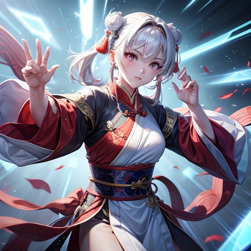 Handsome Chinese women competition, whole body, Combat Stance, Sharp eyes, Distinct facial features, Wearing Hanfu, Runes, Holographic Reality, Holographic Halo, Motion Blur, Game light effect, Edge Light, Soft Light, movie Edge Light, Delicate Light