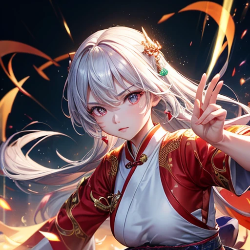 Handsome Chinese women competition, whole body, Combat Stance, Sharp eyes, Distinct facial features, Wearing Hanfu, Runes, Holographic Reality, Holographic Halo, Motion Blur, Game light effect, Edge Light, Soft Light, movie Edge Light, Delicate Light