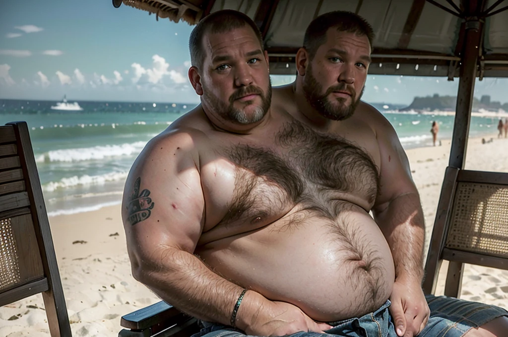 (((2heads))), solo, ((((larry the cable guy)))), middle aged, male, long hair, facial hair, (((obese, overweight, fat, chubby, heavy, dadbod, masculine, beefy))), ((shirtless, speedo)), navel, body hair, dreamy atmosphere, dark cyan and red, i can't believe how beautiful this is, serene atmosphere, epic realistic, intricate, highly detailed, (depth of field:1.4), faded, (neutral colors:1.2), (hdr:1.4), (muted colors:1.2), hyperdetailed, (artstation:1.4), cinematic, (intricate details:1.1), beach scenery, (rutkowski:0.66), (skin texture:1.2), detailed expressions, natural pose, sitting in beach chair, hands behind head, hairy armpits
