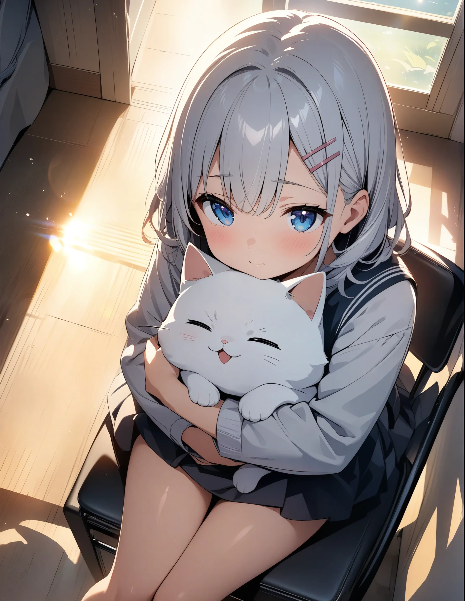 (anime)、(masterpiece:1.2),atmospheric perspective,lens flare、Girl hugging a cat、cute、Iris、Droopy eyes、Hair clip、Sitting on a chair、The sunlight is enveloping the girl, creating a light effect.。、looking at the camera、Slim down your cat