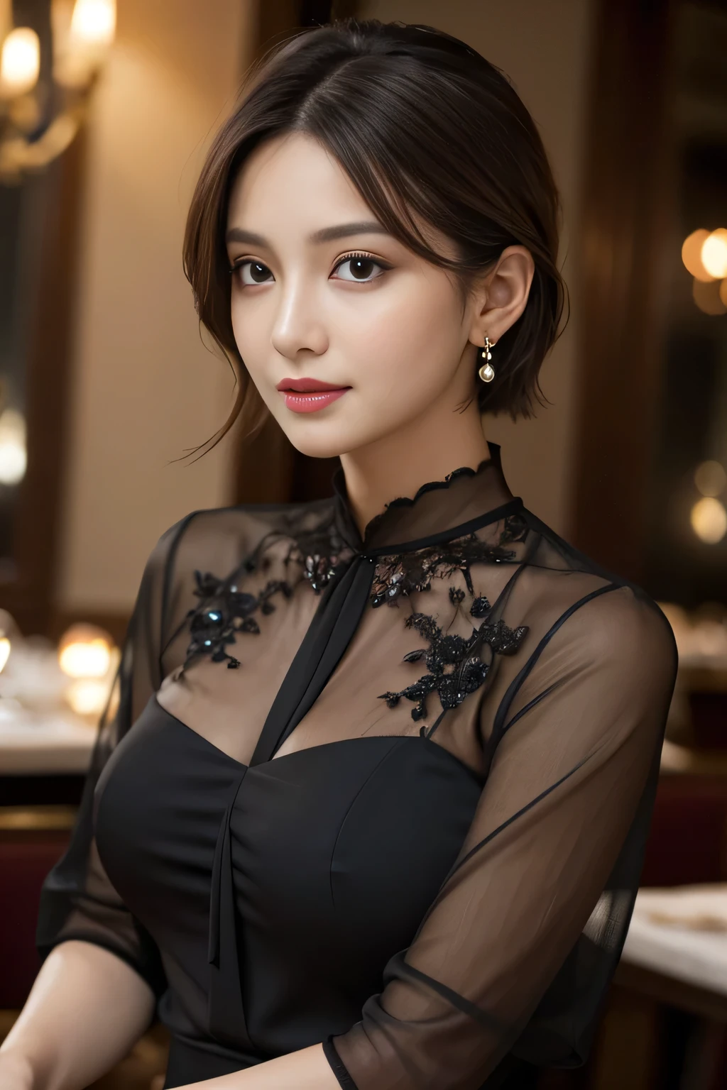 masterpiece, highest quality, Realistic, Very detailed, Finer details, High resolution, 8k wallpaper, One beautiful woman, Wear an elegant black see-through blouse, In a great restaurant, At night, Light brown, unkempt short hair, Perfect dynamic composition, Beautiful and beautiful eyes、Big earrings