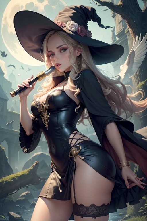 An attractive witch with an owl, tocando una flauta, estilo anime