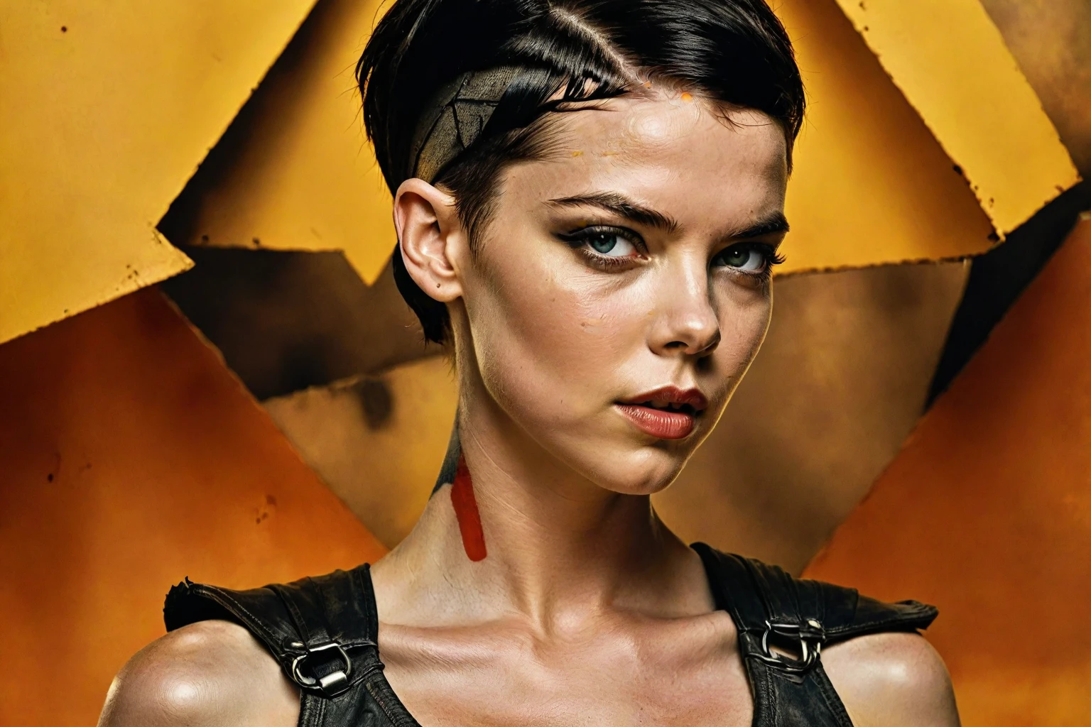 Anya Taylor-Joy as Furiosa from George Miller's Mad Max: Fury Road, amidst a cubist-inspired press, posing seductively with ultra-realistic detail. Her flawless skin glows in RAW sRGB color accuracy, UHD 1 resolution, showcasing a proportionate face (1.37) with sharp focus highlighting her nose, lips, eyes, and features. Her piercing gaze seems to pierce through the canvas as she smiles slyly, large Latin-style lips curving upward. Every detail of her striking features is sharply focused, from her fingers to her toes, toeing the line between raw power and alluring vulnerability., realistic shaded perfect face,