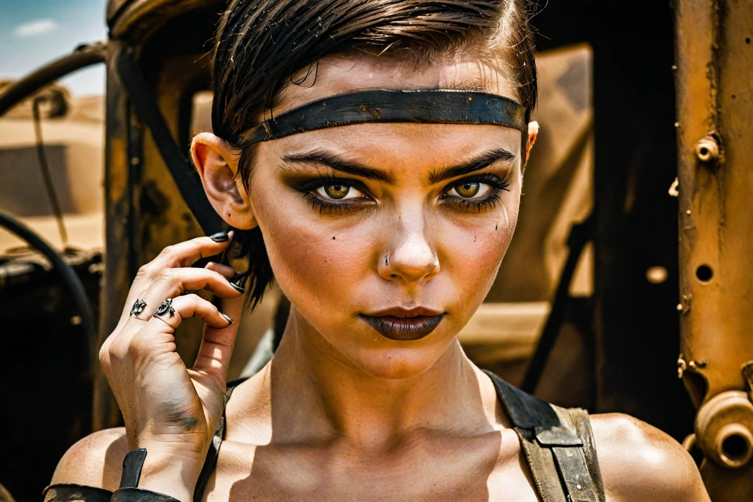 Anya Taylor-Joy as Furiosa from George Miller's Mad Max: Fury Road, amidst a cubist-inspired press, posing seductively with ultra-realistic detail. Her flawless skin glows in RAW sRGB color accuracy, UHD 1 resolution, showcasing a proportionate face (1.37) with sharp focus highlighting her nose, lips, eyes, and features. Her piercing gaze seems to pierce through the canvas as she smiles slyly, large Latin-style lips curving upward. Every detail of her striking features is sharply focused, from her fingers to her toes, toeing the line between raw power and alluring vulnerability., realistic shaded perfect face,
