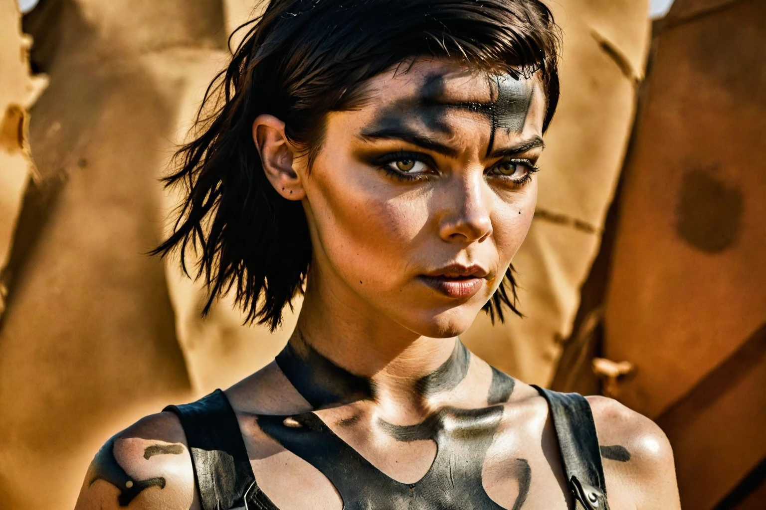 Anya Taylor-Joy as Furiosa from George Miller's Mad Max: Fury Road, amidst a cubist-inspired press, posing seductively with ultra-realistic detail. Her flawless skin glows in RAW sRGB color accuracy, UHD 1 resolution, showcasing a proportionate face (1.37) with sharp focus highlighting her nose, lips, eyes, and features. Her piercing gaze seems to pierce through the canvas as she smiles slyly, large Latin-style lips curving upward. Every detail of her striking features is sharply focused, from her fingers to her toes, toeing the line between raw power and alluring vulnerability., realistic shaded perfect face,