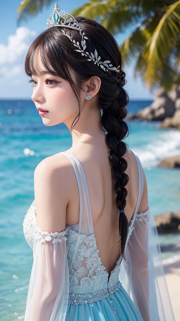 ＡＩBeauty、Highlight Color、Shorter than chin length、Glossy、With bangs、Braid、tiara、The perfect balance、ＧCup or more、T-back、Heart pattern、Erotic、Light blue hairstyle、Ocean Prompt、See-through