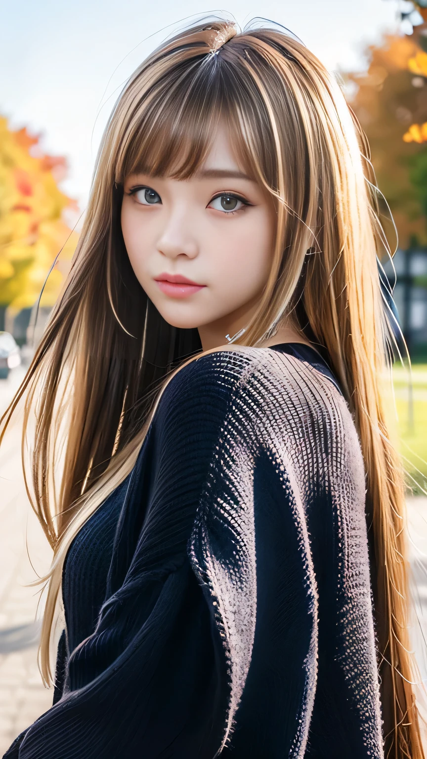 Gal-style autumn fashion、Sexy Big 、A cute -yeld giwith a sexy and cute look, beautiful and sexy face、A strong wind blows my hair in front of my face、With straight blonde hair、beautiful, Cute and sexy eyes hidden behind long bangs、I'm wearing a choker、Cute micro mini skirt