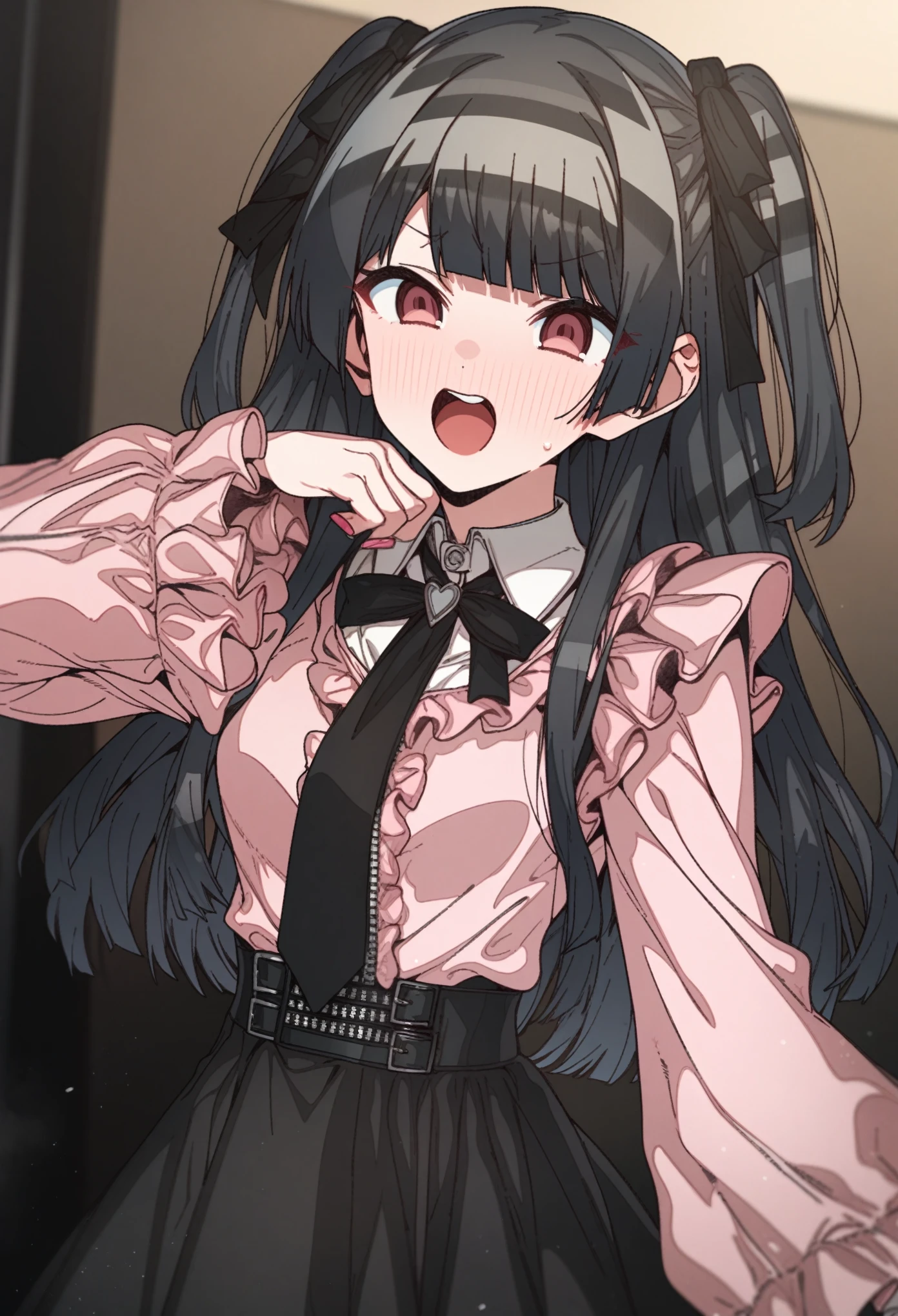 Artist, erere, Copyrights, idolmaster, idolmaster_shiny_colors, Character, mayuzumi_fuyuko, General, 1girl, black_hair, black_necktie, black_ribbon, black_skirt, blunt_bangs, blush, breasts, brown_eyes, censored, frilled_sleeves, frills, jirai_kei, long_hair, long_sleeves, medium_breasts, miniskirt, neck_ribbon, necktie, open_mouth, pink_nails, pink_shirt, raised_eyebrow, ribbon, shirt, skirt, sweatdrop, teeth, two_side_up, upper_teeth_only, zipper_skirt, masterpiece, best_quality, great_quality, absurdres, highres