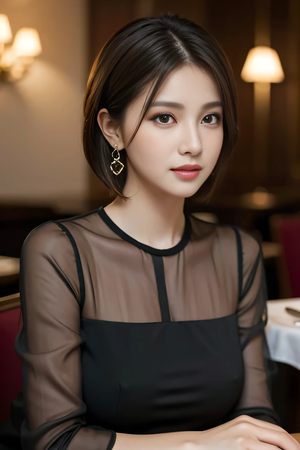 masterpiece, highest quality, Realistic, Very detailed, Finer details, High resolution, 8k wallpaper, One beautiful woman, Wear an elegant black see-through blouse, In a great restaurant, At night, Light brown, unkempt short hair, Perfect dynamic composition, Beautiful and beautiful eyes、Big earrings