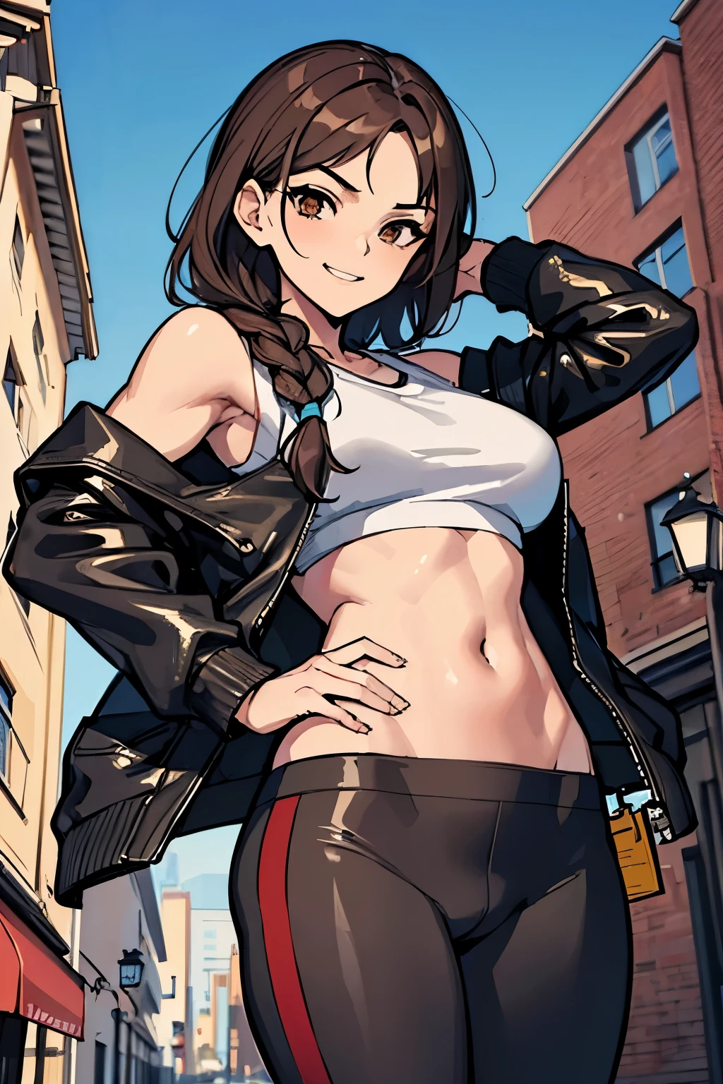 (((masterpiece))), (best quality)) 1girl, single character, female, young adult, arms crossed, looking down, looking at camera, (camera from below), smug, teasing, teasing smile, big breasts, dark brown eyes, small eyes, brown hair, long hair, loose braid, black leather jacket, tank top, leggings, slightly muscular, muscle arms, sidewalk, blue sky