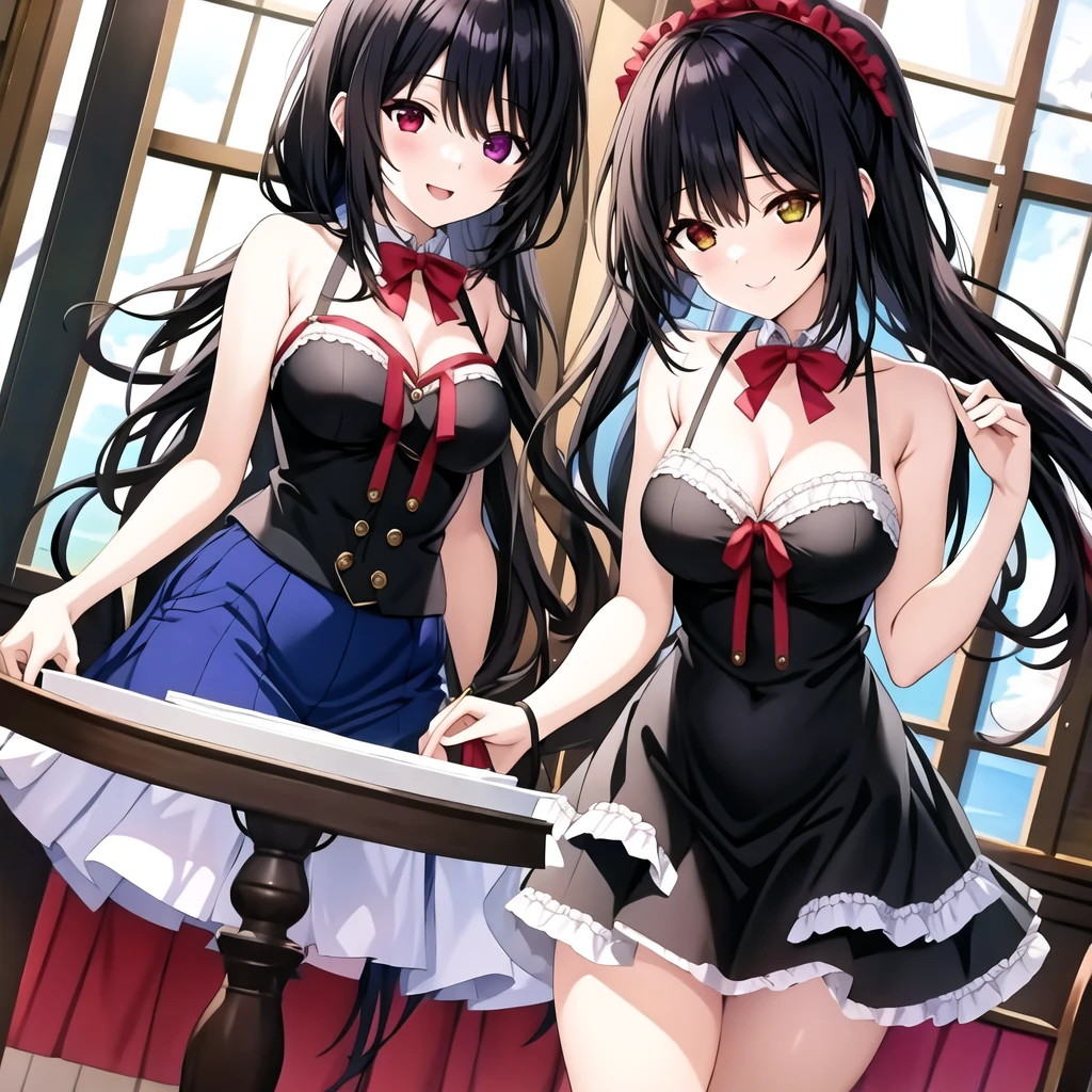 Kurumi, (obra maestra, mejor calidad:1.2), 1 chica, solo, alone, kurumi tokisaki, obra maestra, mejor calidad, high resolution, 1 chica, aakurumi, pelo largo, dos colas, banda para el cabello, heterochromia, pechos medianos, escote, gargantilla negra, Red ribbon, hombros descubiertos, Gothic, vestido rojo, Arco rojo, mangas separadas, falda roja, al aire libre, sonrisa, manos perfectas, perfect anatomy
