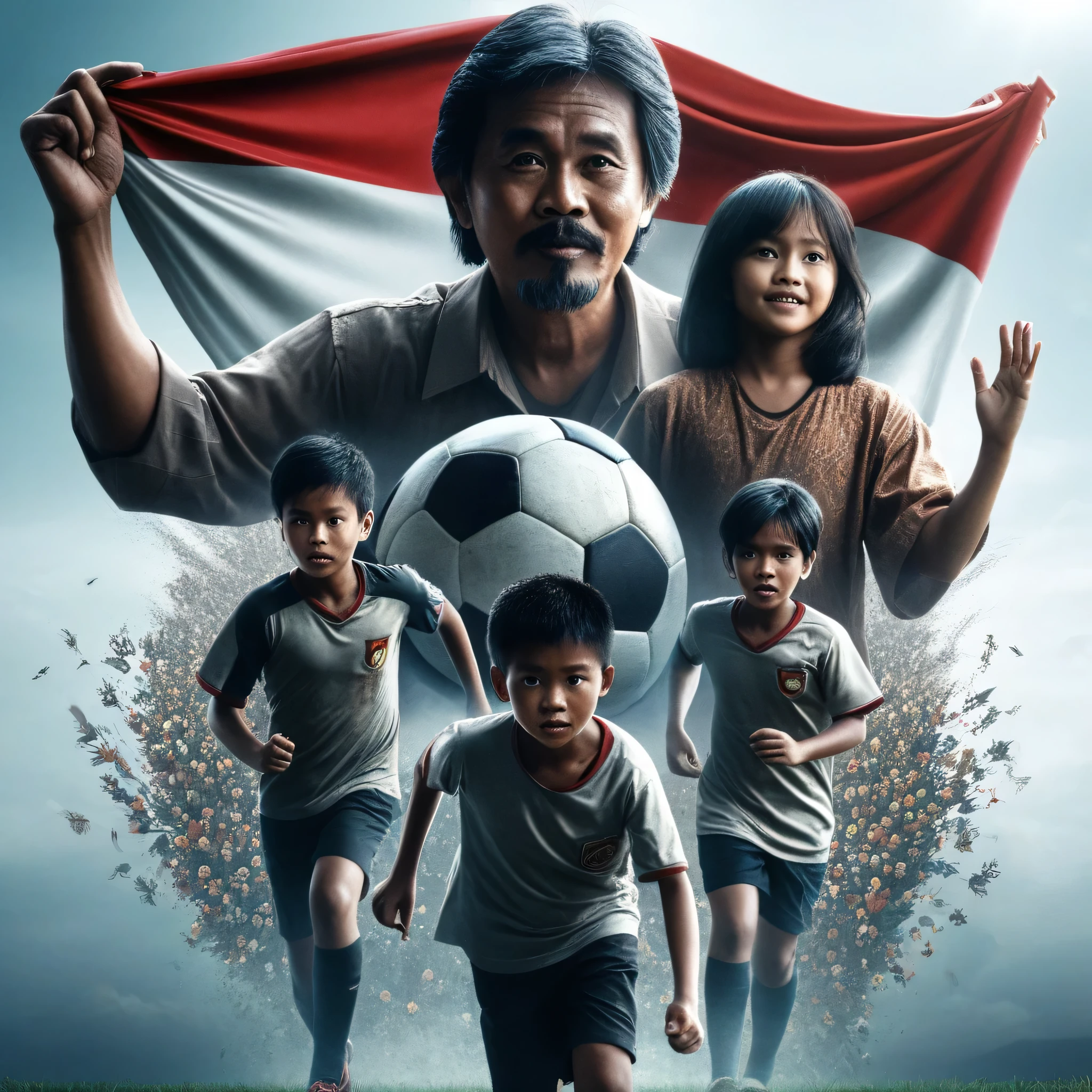 a poster of a man holding a soccer ball with a group of children, inspired by Rudy Siswanto, an indonesian family portrait, movie promotional image, indonesia, official poster, 2022 movie, movie artwork, jakarta, award winning movie, official, nostalgic 8k, award winning film, live action film, key art, [ theatrical ], 4 k masterpiece