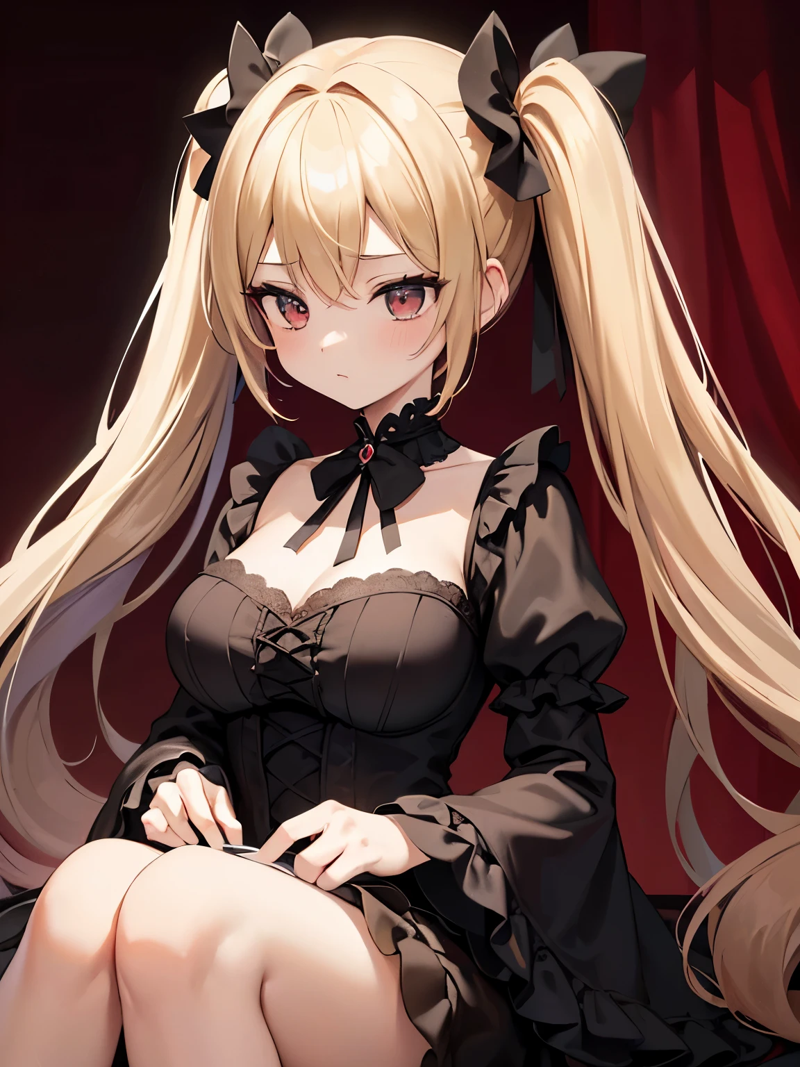 (masterpiece、highest quality、highest quality、Official Art、Beautiful and beautiful:1.2)、(One girl:1.3)Hatsune Miku、Twin tails,Big Breasts,score_9, score_8_superior, score_7_superior, score_6_superior, Break Anime, Very detailed, complicated, masterpiece, 4K, Adult, Detailed lighting, Cinematic, Dynamic Background, Wallpaper Background:1, Mysterious, Sensual, complicated black lace patterns overlaying a deep red backdrop, Subtle white highlights accentuate the elegant motif, An atmosphere of foreboding and intrigue, Gothic, Abstract,, quality, Twin tails, Blonde Hair, A dark and muted color palette, It's dim, Depth-of-field blur, dream-like, Dramatic lighting, Low saturation, High Contrast, Vignetting
