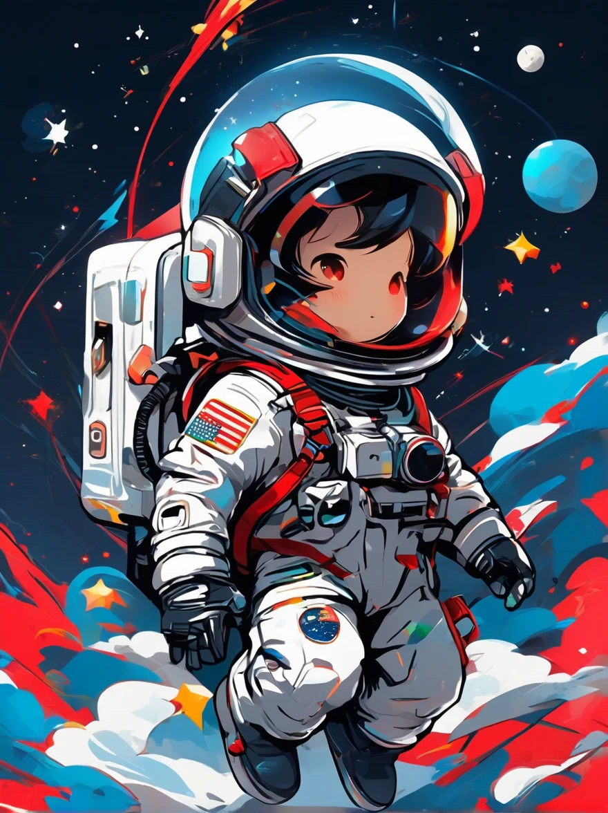 卡通Graffiti人物，Vector illustration，A visually striking chibi astronaut is portrayed in great detail，He wears a black visor，Wearing a refreshing white suit with red straps，The cute hero rides a children&#39;s tricycle with large grippy tires，Exploring the lunar surface，背景展示了一个充满Graffiti风格的星星和宇宙奇观的宜人星系，This piece of concept art combines anime、Graffiti、Illustration and typography，Created a whimsical，Imaginative image of space exploration，Add whimsy to the scene，1xhsn1