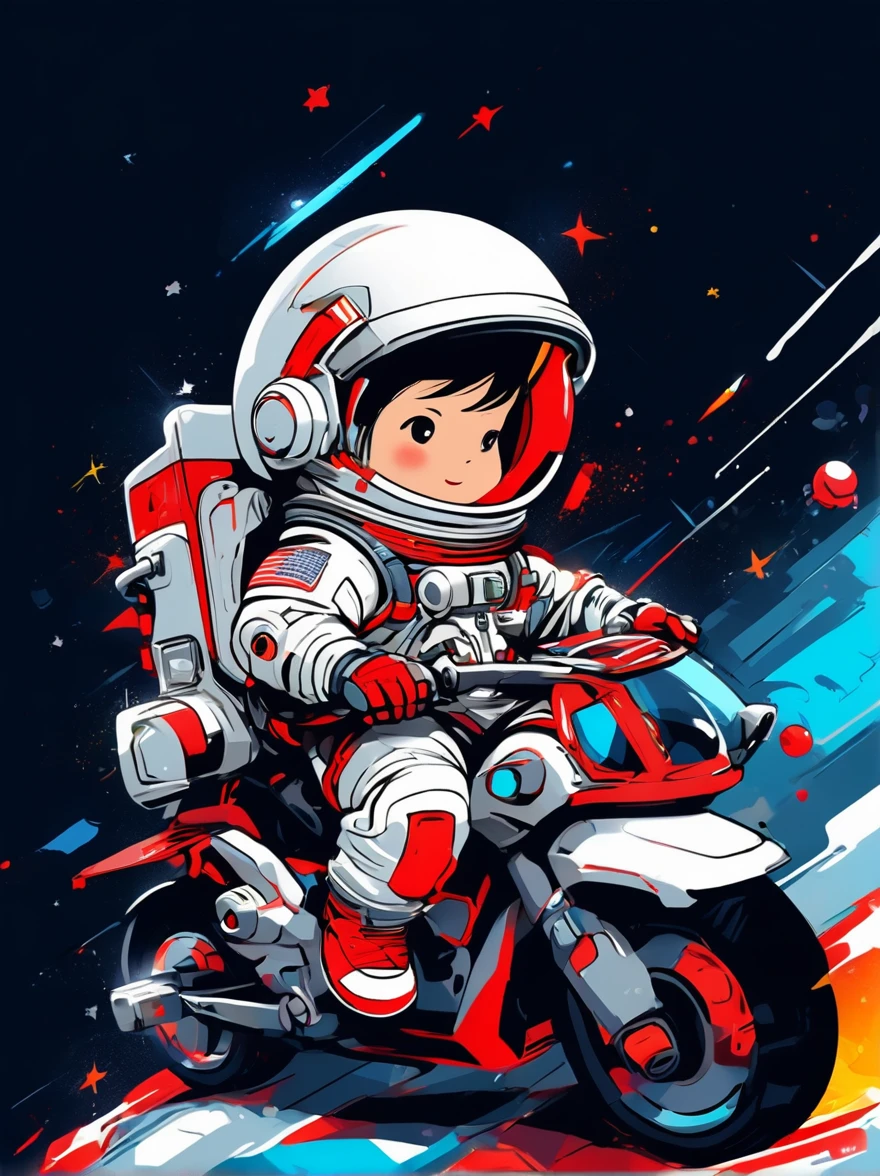 卡通Graffiti人物，Vector illustration，A visually striking chibi astronaut is portrayed in great detail，He wears a black visor，Wearing a refreshing white suit with red straps，The cute hero rides a children&#39;s tricycle with large grippy tires，Exploring the lunar surface，背景展示了一个充满Graffiti风格的星星和宇宙奇观的宜人星系，This piece of concept art combines anime、Graffiti、Illustration and typography，Created a whimsical，Imaginative image of space exploration，Add whimsy to the scene，1xhsn1