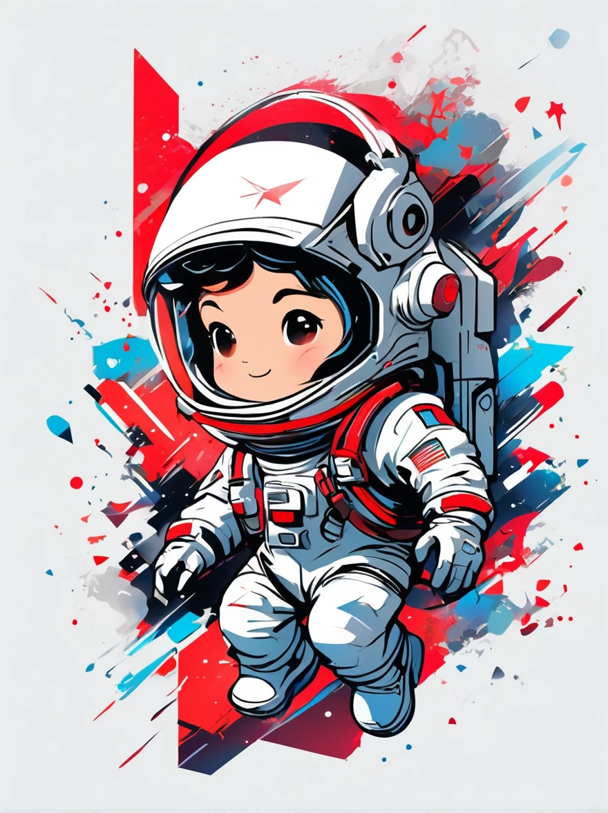 卡通Graffiti人物，Vector illustration，A visually striking chibi astronaut is portrayed in great detail，He wears a black visor，Wearing a refreshing white suit with red straps，The cute hero rides a children&#39;s tricycle with large grippy tires，Exploring the lunar surface，背景展示了一个充满Graffiti风格的星星和宇宙奇观的宜人星系，This piece of concept art combines anime、Graffiti、Illustration and typography，Created a whimsical，Imaginative image of space exploration，Add whimsy to the scene，1xhsn1