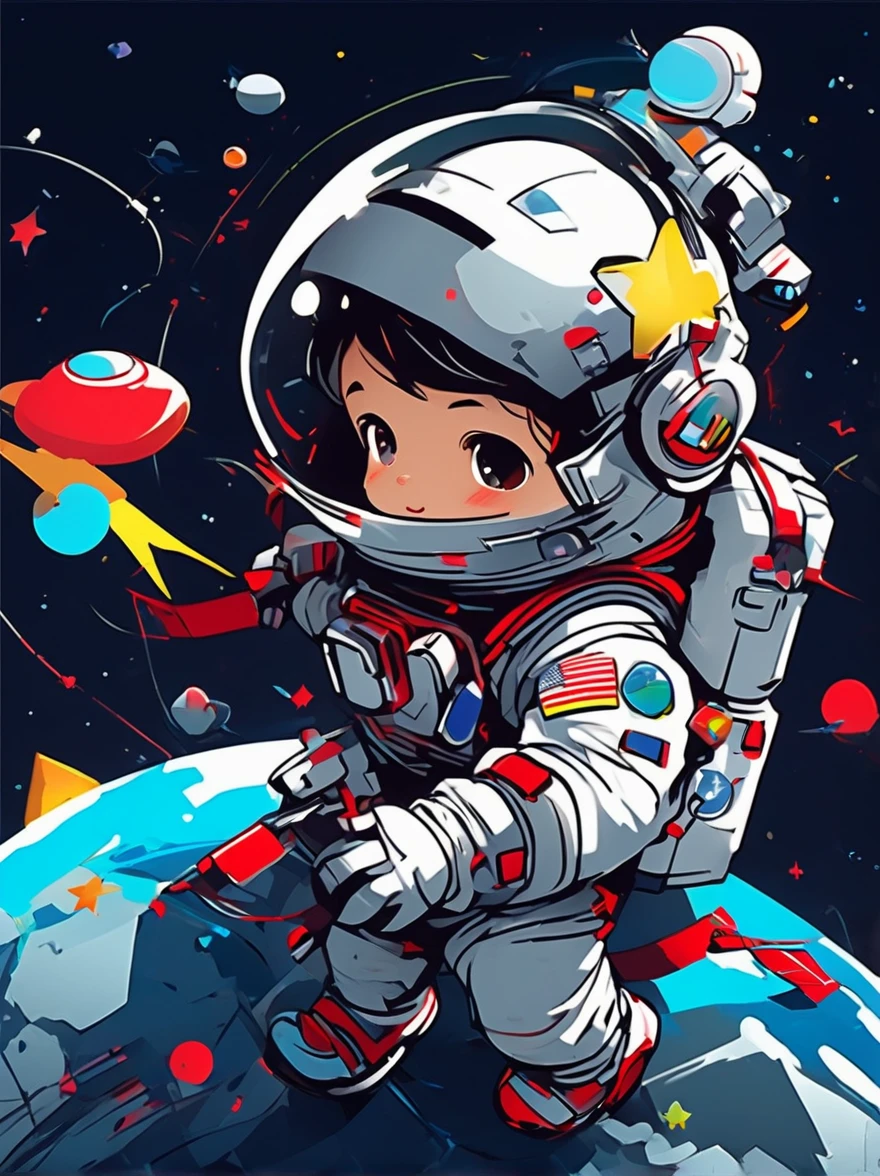 卡通Graffiti人物，Vector illustration，A visually striking chibi astronaut is portrayed in great detail，He wears a black visor，Wearing a refreshing white suit with red straps，The cute hero rides a children&#39;s tricycle with large grippy tires，Exploring the lunar surface，背景展示了一个充满Graffiti风格的星星和宇宙奇观的宜人星系，This piece of concept art combines anime、Graffiti、Illustration and typography，Created a whimsical，Imaginative image of space exploration，Add whimsy to the scene，1xhsn1