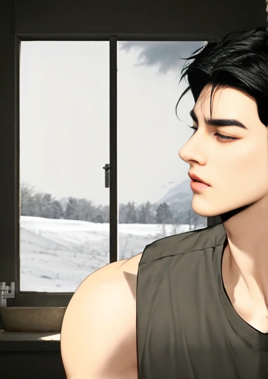 masterpiece, 1boy, young, handsome, black hair, undercut hair, perfect face, detailed eyes and face,black eyes, clean shaved, muscular, capturing a rural atmosphere, dynamic lighting, unreal engine 5