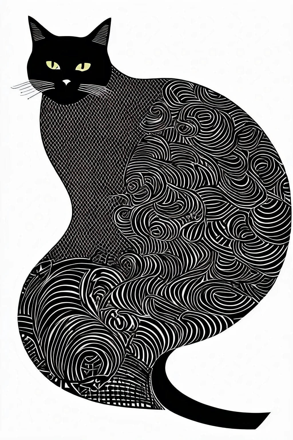Beardsley style,ink art, pen and ink, (Best Quality,masutepiece:1.2),(black and white comic core:1.1),(extreme high contrast), SILHOUETTE, Dark ink, 1 black cat, side view,
