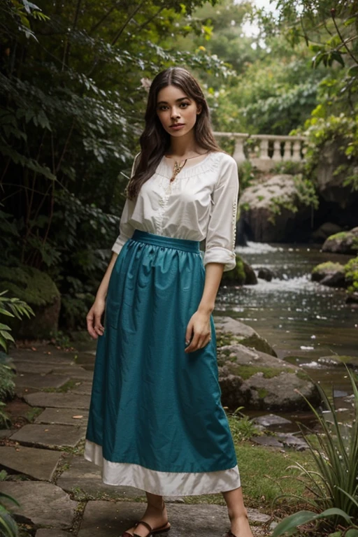 Roupas de linho da Deusa Grega, Um elfo em uma floresta vegetativa no estilo John William Waterhouse, por Peter Paul Rubens, com detalhes exuberantes, narizes distintos, and traditional oceanic art in high detail, fechar-se, Luz Dourada, e verde, melhor qualidade, Obra de arte,SFW