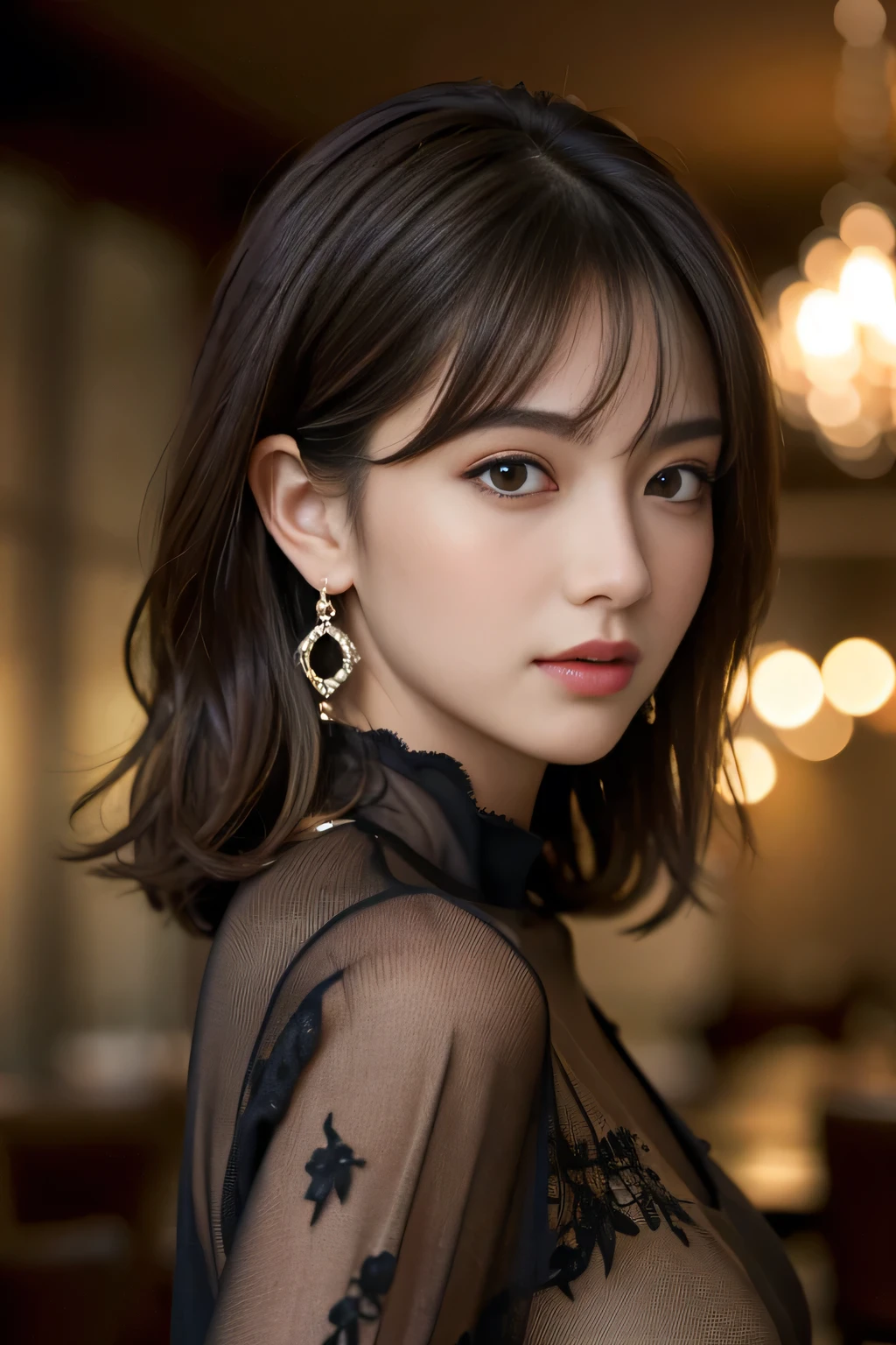 masterpiece, highest quality, Realistic, Very detailed, Finer details, High resolution, 8k wallpaper, One beautiful woman, Wear an elegant black see-through blouse, In a great restaurant, At night, Light brown shaggy haircut, Perfect dynamic composition, Beautiful and beautiful eyes、Big earrings