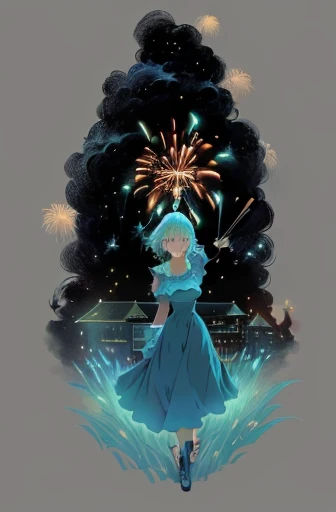 a cartoon of a woman in a blue dress holding a star, firework, howl's moving castle, howl’s moving castle, inspired by Tosa Mitsuoki, sky witch, howls moving castle, howl\'s moving castle at night, fireworks, inspired by Josetsu, torches and fireflies, [ fireworks in the sky ]!!, inspired by Kay Nielsen