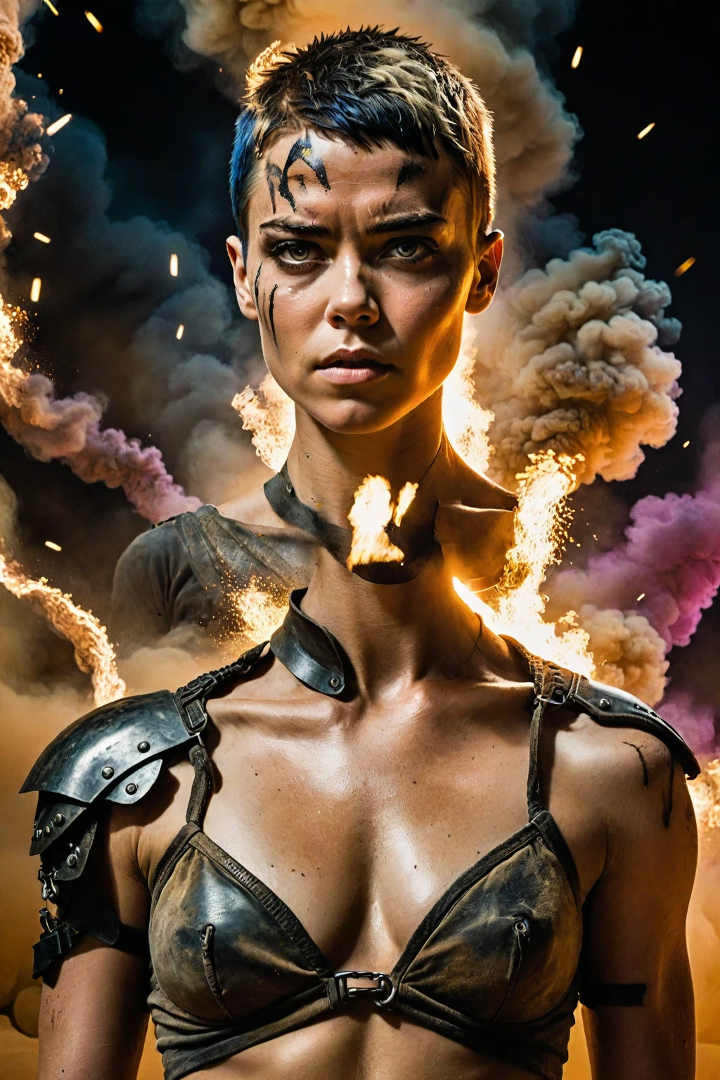 A surreal, cosmic landscape serves as the backdrop for this otherworldly scene. (((''Anya Taylor-Joy'':0.49))), channeling Furiosa from Mad Max: Fury Road, stands tall and fierce amidst a swirling vortex of stars and galaxies. Her rugged, post-apocalyptic attire and determined expression perfectly capture the character's unyielding spirit. The lighting is a warm, golden hue, with long shadows accentuating Furiosa's strong features. amidst a cubist-inspired press, posing seductively with ultra-realistic detail. Her flawless skin glows in RAW sRGB color accuracy, UHD 1 resolution, showcasing a proportionate face (1.37) with sharp focus highlighting her nose, lips, eyes, and features. Her piercing gaze seems to pierce through the canvas as she smiles slyly, large Latin-style lips curving upward. Every detail of her striking features is sharply focused, from her fingers to her toes, toeing the line between raw power and alluring vulnerability., realistic shaded perfect face,