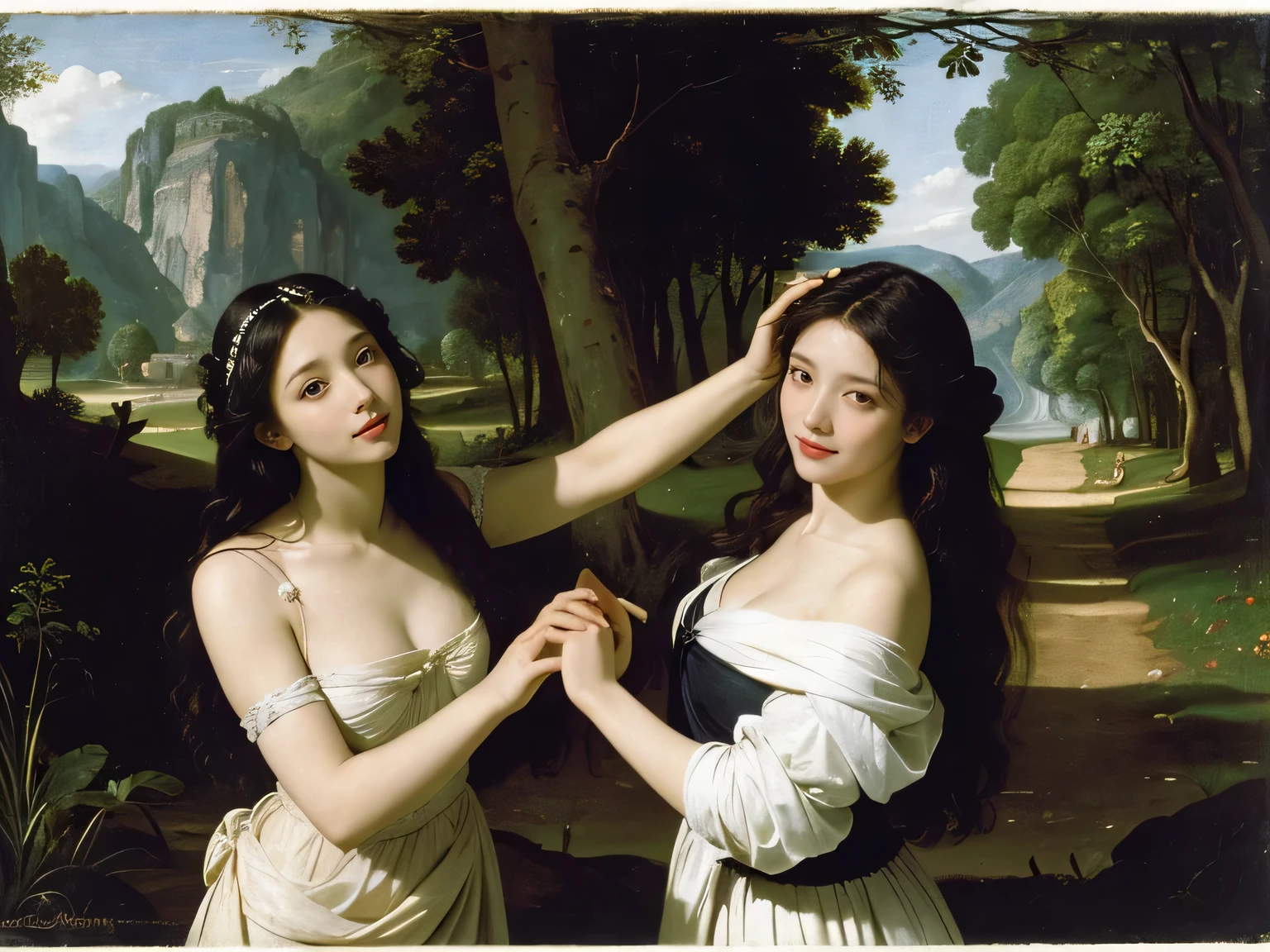 Giorgione painting style,Barbizon forest A beautiful woman in Greek dress smiles on the shore,Sweet and seductive appearance.、Caravaggio's paintings、Chiaroscuro of Caravaggio、hair tousled by the wind,Two women frolicking,cute smile, expression of ecstasy,Sexy,erotic