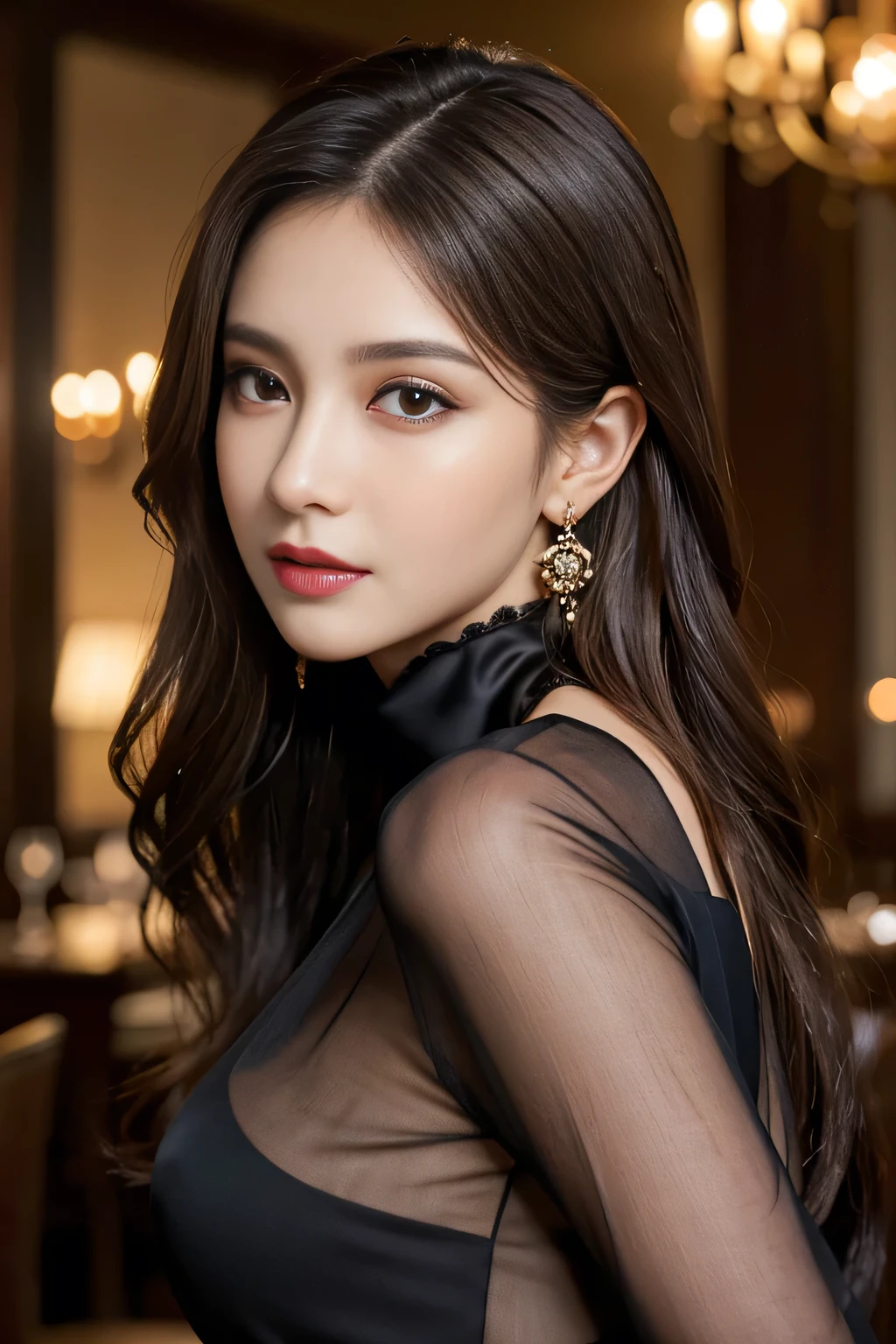 masterpiece, highest quality, Realistic, Very detailed, Finer details, High resolution, 8k wallpaper, One beautiful woman, Wear an elegant black silk see-through blouse, In a great restaurant, At night, Light brown messy hair, Perfect dynamic composition, Beautiful and beautiful eyes、Big earrings