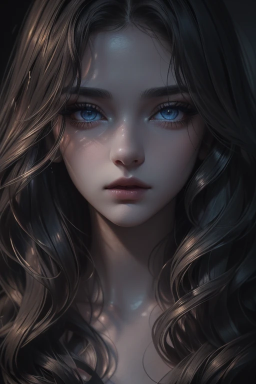 moody smoking girl, (1girl, beautiful detailed eyes, beautiful detailed lips, extremely detailed eyes and face, long eyelashes), (detailed wavy hair) close up portrait, blue-gray color tones, dramatic lighting, mysterious expression, dark room, moody atmosphere, cinematic, (best quality, 8k, high resolution, masterpiece:1.2)