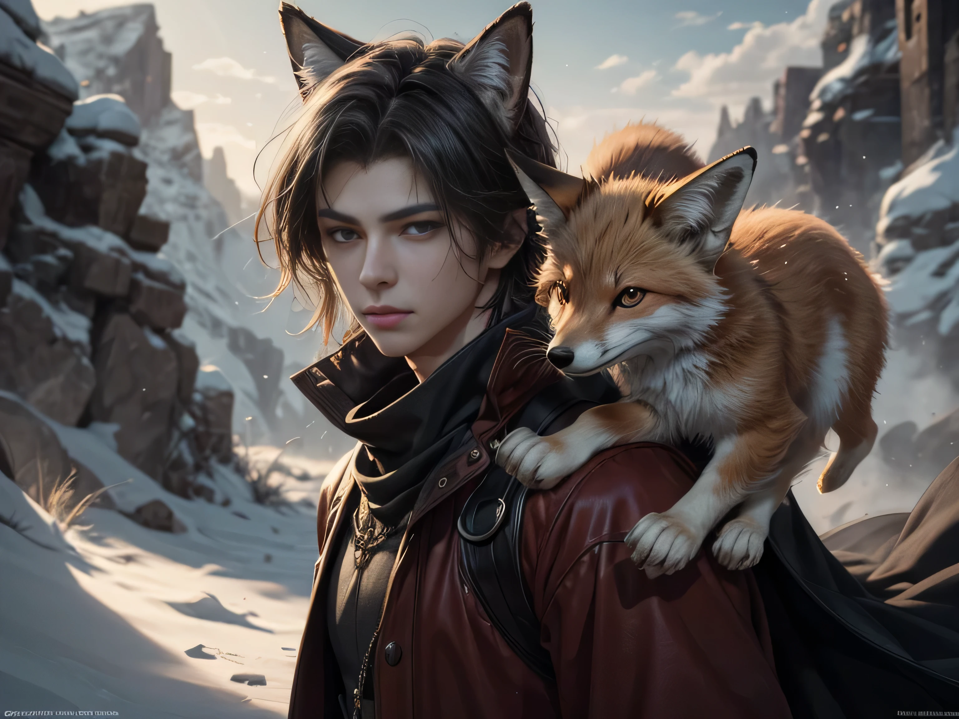 (Best Quality, 8K, Masterpiece, HDR, Soft Lighting, Picture Perfect, Realistic, Vivid), Black-haired guy with fox ears and baby fox animal lie on the snow, on the mountainside, Anime Illustrations, Beautiful Illustrations, Exquisite Digital Illustrations, Realistic digital anime, realistic digital anime art, (ultra high quality fantasy art), masterpiece, male model, ultra high quality male character designs, anime art with 8k development, realistic anime art, highest quality wallpaper illustrations, complex ultra high quality accurate male characters faces, high quality design and accurate physics (super-quality fantasy style)), art, dark fantasy)) Style), masterpieces, super-quality characters, anime resolution - 8K, realistic anime art, wallpapers with the highest quality illustrations, ultra-high detail of faces, high-quality design and physics accuracy), color, depth of field, shadows, ray tracing, production of high-quality computer wallpapers and 8K resolution, (Accurate simulation of the interaction of light and materials)], [High-quality detailed hair [More about beautiful and shiny red hair]], (Beautifully detailed hands [perfect fingers [Perfect nails]], (perfect anatomy (perfect proportions)))) [[Full length]], [Perfect color combination (Accurate imitation of the interaction of light and material)], [art that conveys the meaning of the story ]