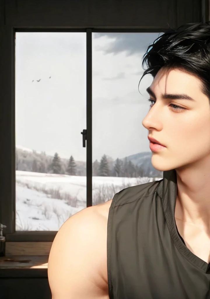 masterpiece, 1boy, young, handsome, black hair, undercut hair, perfect face, detailed eyes and face,black eyes, clean shaved, muscular, capturing a rural atmosphere, dynamic lighting, unreal engine 5