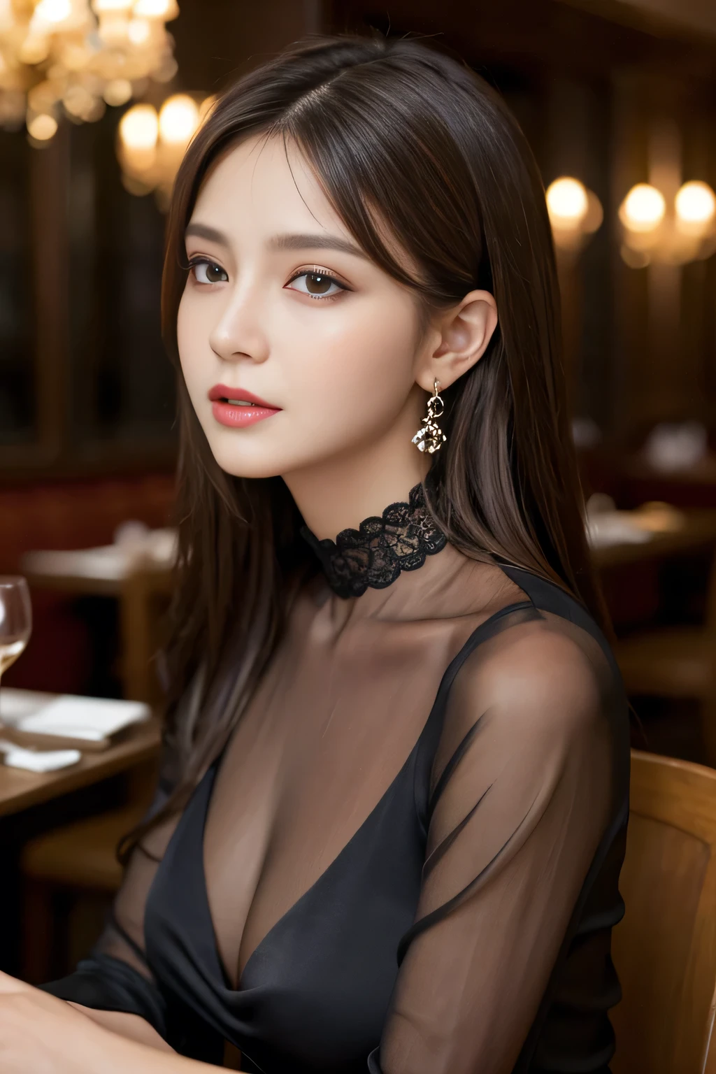 masterpiece, highest quality, Realistic, Very detailed, Finer details, High resolution, 8k wallpaper, One beautiful woman, Wear an elegant black silk see-through blouse, In a great restaurant, At night, Light brown messy hair, Perfect dynamic composition, Beautiful and beautiful eyes、Big earrings