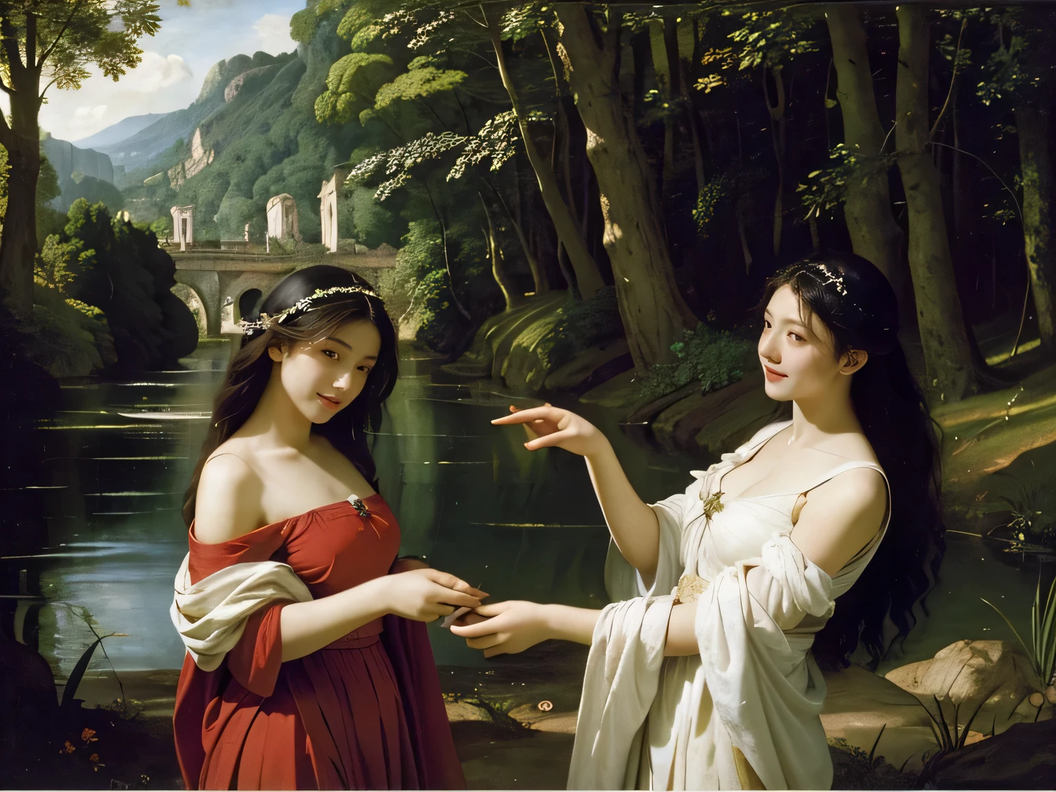 Giorgione painting style,Barbizon forest A beautiful woman in Greek dress smiles on the shore,Sweet and seductive appearance.、Caravaggio's paintings、Chiaroscuro of Caravaggio、hair tousled by the wind,Two women frolicking,cute smile, expression of ecstasy,Sexy,erotic