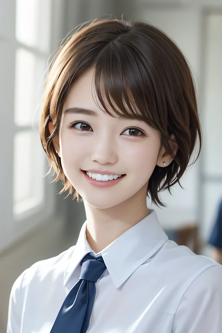 205 ((short hair)), 20-year-old female, College uniforms、smile、Beautiful teeth alignment、、Black Hair、ear piercing、、Looking into the camera, The background is the classroom