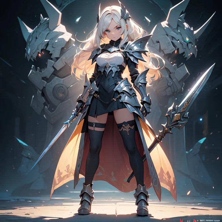 Design a layout showcase Gaming character, (1girl). Golden+Purle clothes, stylish and unique, ((showcase weapon:1.4)), magic staff, (masterpiece:1.2), (best quality), 4k, ultra-detailed, (Step by step design, layout art:1.5), (luminous lighting, atmospheric lighting), magican, ((glove full hands)), (((revealing clothes:1.3))), vambraces, armored legwear, (((full_body_shot:1.4)))
