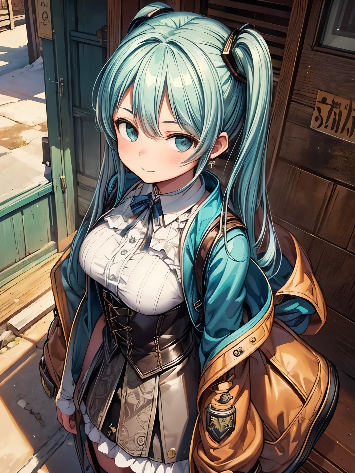 (masterpiece、highest quality、highest quality、Official Art、Beautiful and beautiful:1.2)、(One girl:1.3)Hatsune Miku、Twin tails,Big Breasts,masterpiece, highest quality, One Girl, Upper body, Historical background: Steampunk future、country: Scraptown、Hairstyle on: Wear goggles upstyle、clothing: Steampunk style jackets and corsets、shoes: Retro boots、With accessories: Scrap Metal Earrings、Angle from above,