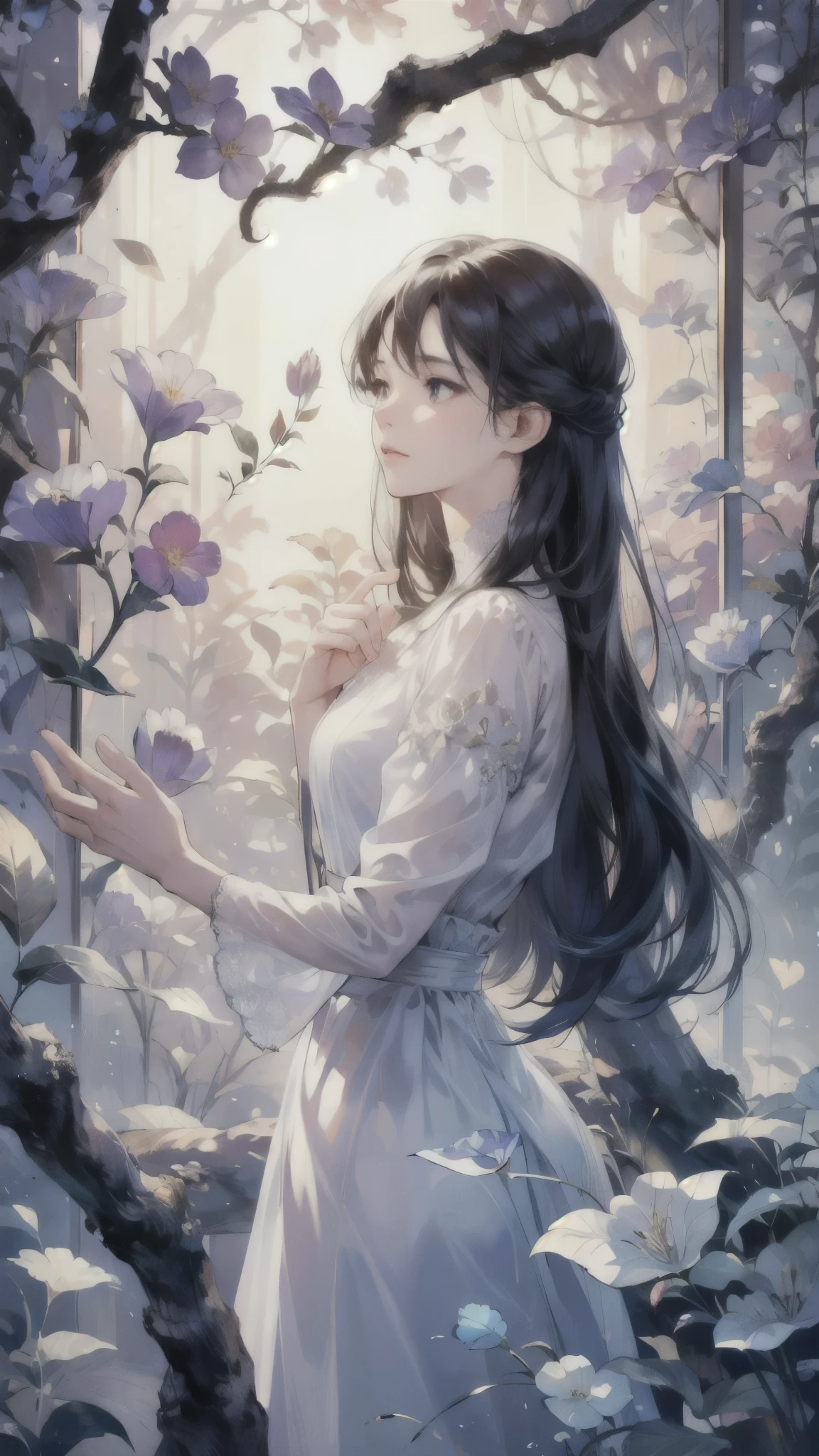 a beautiful goddess in a moonlit garden, detailed flower petals, intricate vines and foliage, stunning moon rays, cinematic lighting, ethereal atmosphere, elegant flowing dress, serene and tranquil, (best quality,4k,8k,highres,masterpiece:1.2),ultra-detailed,(realistic,photorealistic,photo-realistic:1.37),portrait,ambient lighting,delicate colors,magical realism