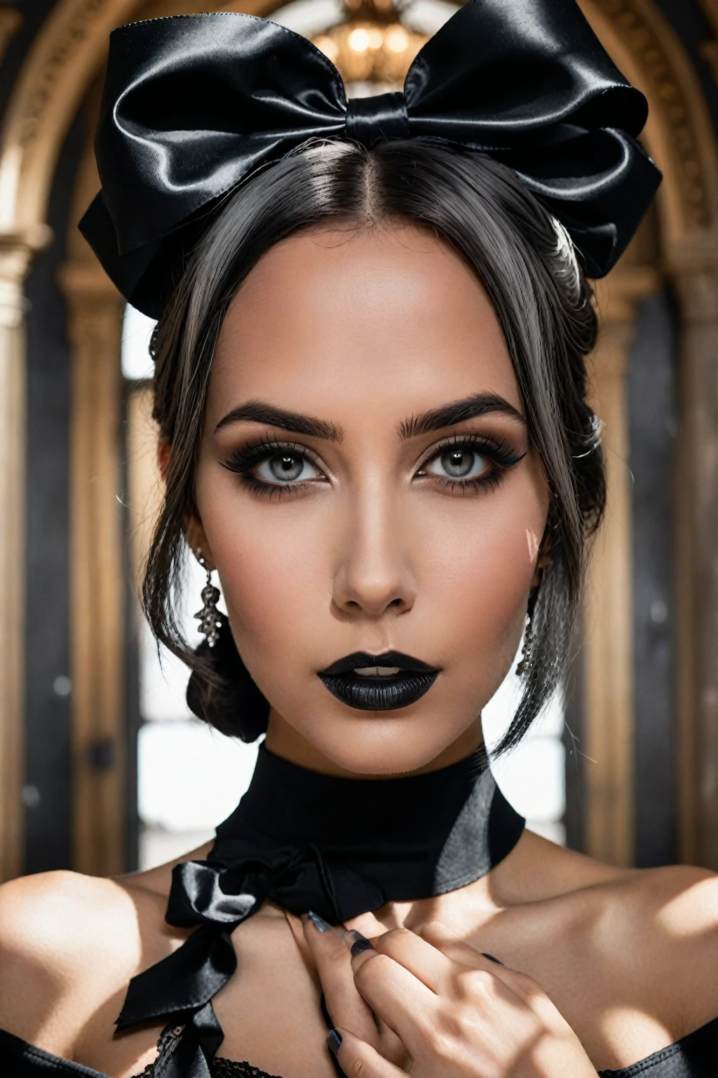 ((extremely realistic photo)), professional photo studio, The image features a beautiful gothic model with black and white hair with bow-type updo made with your own hair on the top back of the head, wearing a black leather choker, stares into the camera, ((ultra sharp focus:1.1)), (realistic textures and skin:1.1), (realistic and perfect gray-color eyes:1.1), ((perfect design of hands and fingers)), aesthetic. masterpiece, pure perfection, high definition ((best quality, masterpiece, detailed)), ultra high resolution, hdr, art, high detail, add more detail, (extreme and intricate details), ((raw photo, 64k:1.37)), ((sharp focus:1.2)), (muted colors, dim colors, soothing tones ), siena natural ratio, ((more detail xl)),more detail XL,detailmaster2,Enhanced All,masterpiece,photo r3al, realistic shaded perfect face,amidst a cubist-inspired press, posing seductively with ultra-realistic detail. Her flawless skin glows in RAW sRGB color accuracy, UHD 1 resolution, showcasing a proportionate face (1.37) with sharp focus highlighting her nose, lips, eyes, and features. Her piercing gaze seems to pierce through the canvas as she smiles slyly, large Latin-style lips curving upward. Every detail of her striking features is sharply focused, from her fingers to her toes, toeing the line between raw power and alluring vulnerability., realistic shaded perfect face,