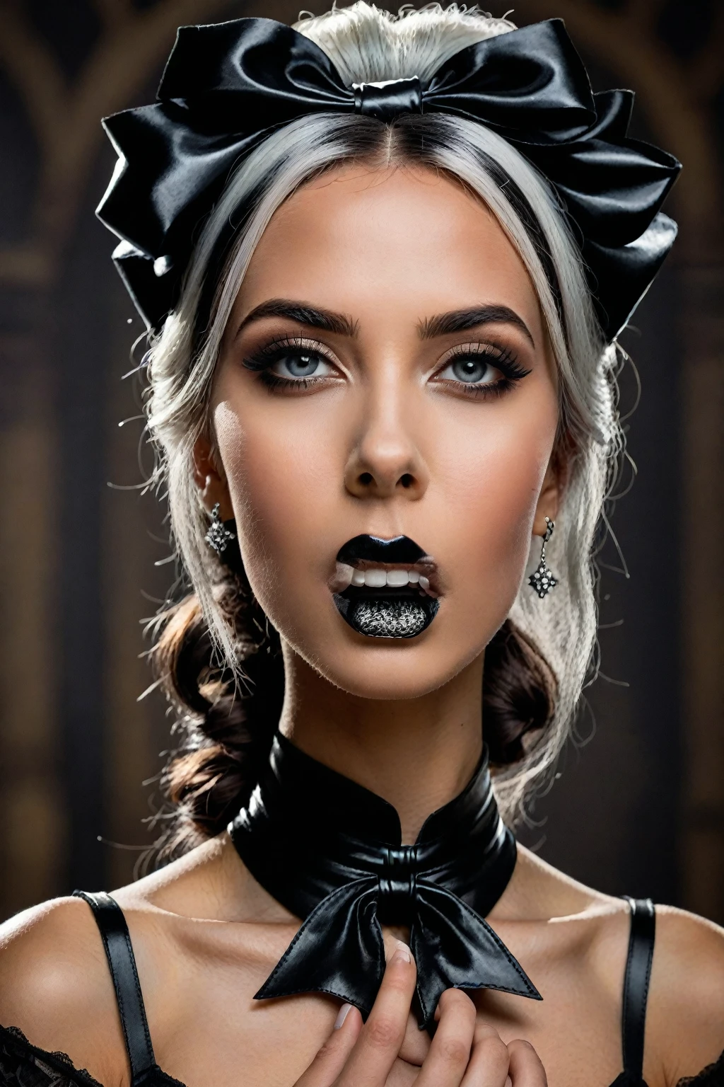 ((extremely realistic photo)), professional photo studio, The image features a beautiful gothic model with black and white hair with bow-type updo made with your own hair on the top back of the head, wearing a black leather choker, stares into the camera, ((ultra sharp focus:1.1)), (realistic textures and skin:1.1), (realistic and perfect gray-color eyes:1.1), ((perfect design of hands and fingers)), aesthetic. masterpiece, pure perfection, high definition ((best quality, masterpiece, detailed)), ultra high resolution, hdr, art, high detail, add more detail, (extreme and intricate details), ((raw photo, 64k:1.37)), ((sharp focus:1.2)), (muted colors, dim colors, soothing tones ), siena natural ratio, ((more detail xl)),more detail XL,detailmaster2,Enhanced All,masterpiece,photo r3al, realistic shaded perfect face,amidst a cubist-inspired press, posing seductively with ultra-realistic detail. Her flawless skin glows in RAW sRGB color accuracy, UHD 1 resolution, showcasing a proportionate face (1.37) with sharp focus highlighting her nose, lips, eyes, and features. Her piercing gaze seems to pierce through the canvas as she smiles slyly, large Latin-style lips curving upward. Every detail of her striking features is sharply focused, from her fingers to her toes, toeing the line between raw power and alluring vulnerability., realistic shaded perfect face,