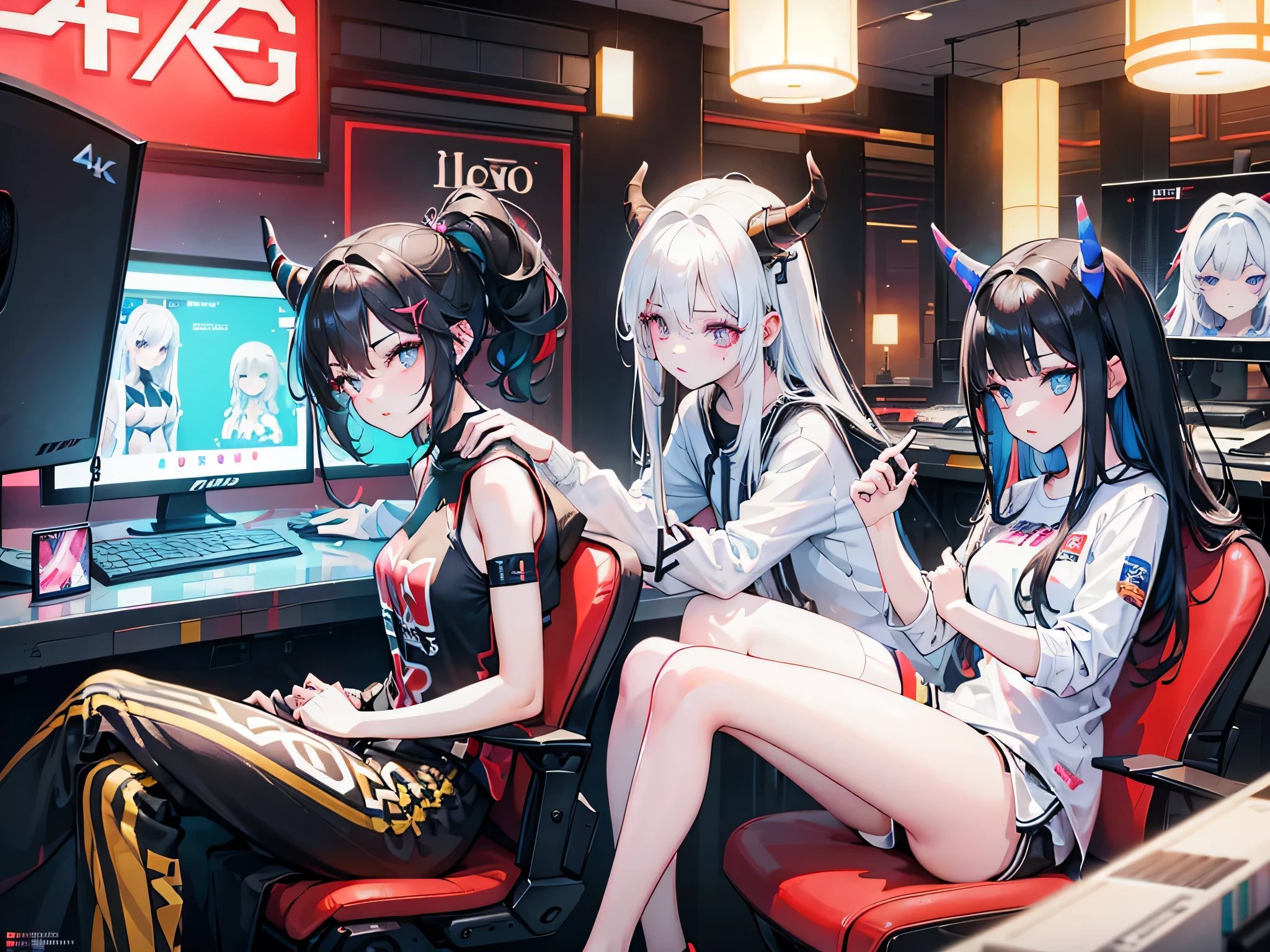 a girl with white hair and horns, a girl with brown hair, a girl with black hair, three tall thin girls, girls playing video games, gamer room, neon lights, (best quality,4k,8k,highres,masterpiece:1.2),ultra-detailed,(realistic,photorealistic,photo-realistic:1.37),highly detailed faces, extremely detailed eyes and face, beautiful detailed eyes, beautiful detailed lips, longeyelashes, girls in casual clothes, girls focused on video game, dynamic action pose, colorful neon lights, warm lighting, vibrant colors, cinematic lighting