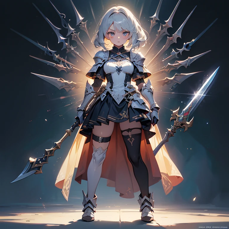 Design a layout showcase Gaming character, (1girl). Golden+Purle clothes, stylish and unique, ((showcase weapon:1.4)), magic staff, (masterpiece:1.2), (best quality), 4k, ultra-detailed, (Step by step design, layout art:1.5), (luminous lighting, atmospheric lighting), magican, ((glove full hands)), (((revealing clothes:1.3))), vambraces, armored legwear, (((full_body_shot:1.4)))