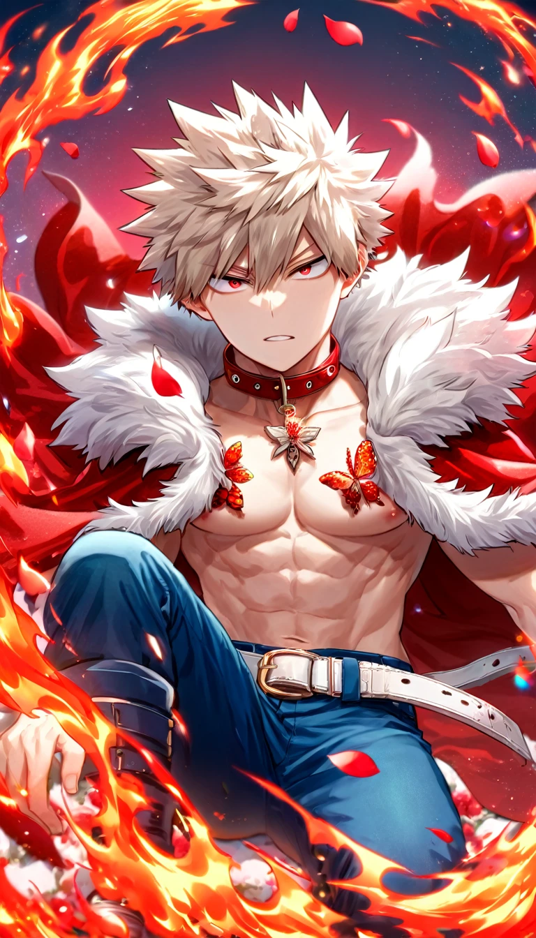 Ultra detailed, HDR, Highres, absurdres, master piece, Bakugo Katsuki, ash blond hair, expressive red eyes, Boku No Hero Academia, red glittering butterflies, petals, fantasy, red flowers, sexy man, solo, handsome, glittering, toned chest, red cape with a collar fur, red background, neckless, cross, blue pants, white belt, magical, fire, very detailed eyes and face,