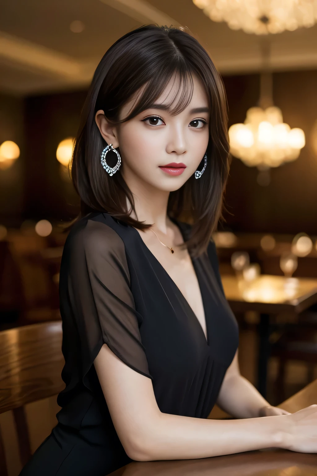 masterpiece, highest quality, Realistic, Very detailed, Finer details, High resolution, 8k wallpaper, One beautiful woman, Wear an elegant black see-through blouse, In a great restaurant, At night, Light brown shaggy haircut, Perfect dynamic composition, Beautiful and beautiful eyes、Big earrings