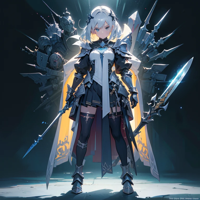 Design a layout showcase Gaming character, (1girl). Golden+Purle clothes, stylish and unique, ((showcase weapon:1.4)), magic staff, (masterpiece:1.2), (best quality), 4k, ultra-detailed, (Step by step design, layout art:1.5), (luminous lighting, atmospheric lighting), magican, ((glove full hands)), (((revealing clothes:1.3))), vambraces, armored legwear, (((full_body_shot:1.4)))