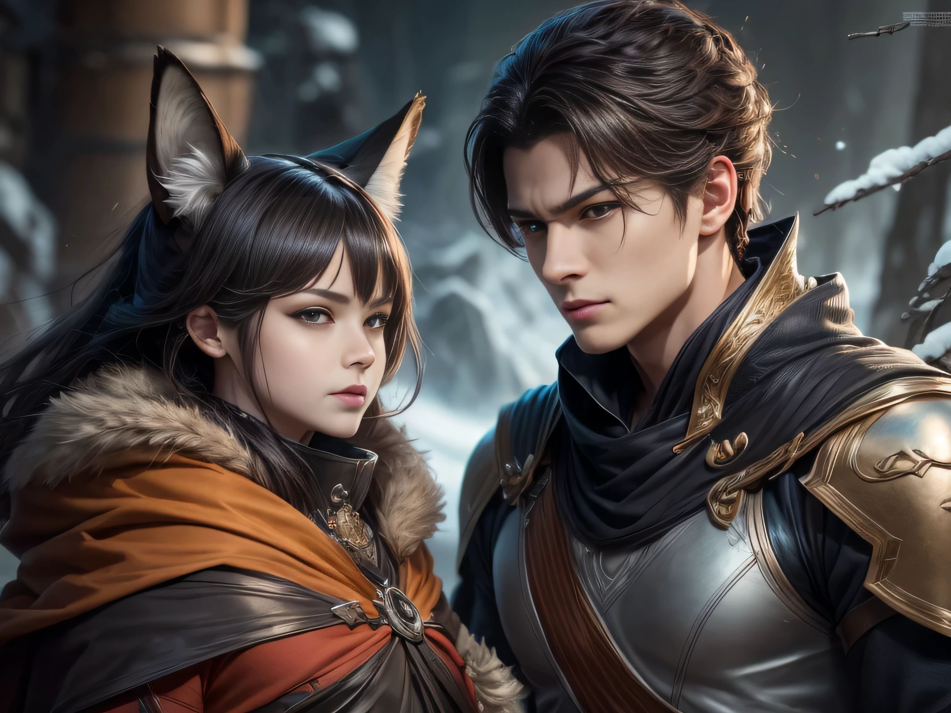 (Best Quality, 8K, Masterpiece, HDR, Soft Lighting, Picture Perfect, Realistic, Vivid), Black-haired guy with fox ears and baby fox animal lie on the snow, on the mountainside, Anime Illustrations, Beautiful Illustrations, Exquisite Digital Illustrations, Realistic digital anime, realistic digital anime art, (ultra high quality fantasy art), masterpiece, male model, ultra high quality male character designs, anime art with 8k development, realistic anime art, highest quality wallpaper illustrations, complex ultra high quality accurate male characters faces, high quality design and accurate physics (super-quality fantasy style)), art, dark fantasy)) Style), masterpieces, super-quality characters, anime resolution - 8K, realistic anime art, wallpapers with the highest quality illustrations, ultra-high detail of faces, high-quality design and physics accuracy), color, depth of field, shadows, ray tracing, production of high-quality computer wallpapers and 8K resolution, (Accurate simulation of the interaction of light and materials)], [High-quality detailed hair [More about beautiful and shiny red hair]], (Beautifully detailed hands [perfect fingers [Perfect nails]], (perfect anatomy (perfect proportions)))) [[Full length]], [Perfect color combination (Accurate imitation of the interaction of light and material)], [art that conveys the meaning of the story ]