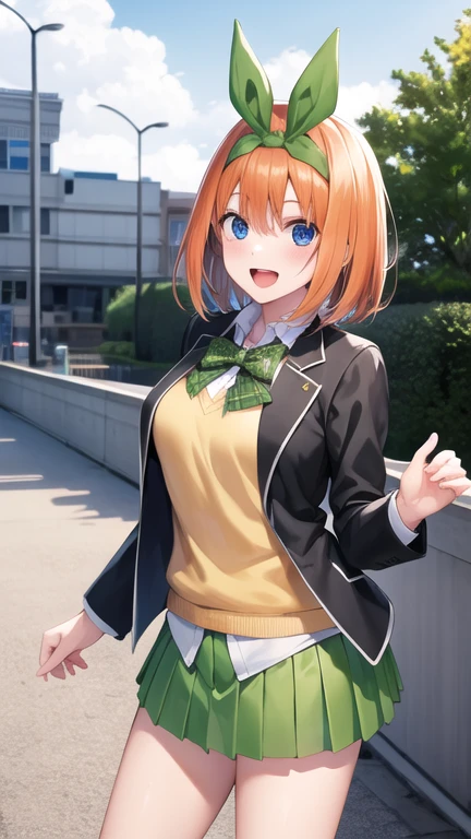 masterpiece, best quality, highres, Nakano Yotsuba, short hair, hair ribbon, green ribbon, hairband, green bow, sweater vest, blazer, black jacket, open clothes, long sleeves, green skirt, pleated skirt, standing, cowboy shot, outdoors, smile, open mouth,